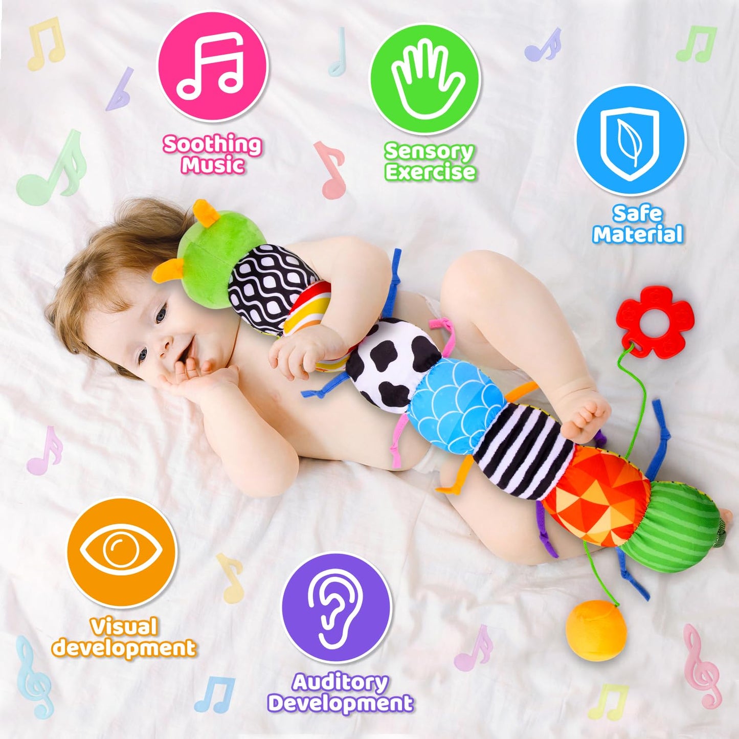 Vpkefla Baby Toys 0-6 6-12 Months, Stuffed Animal Infant Tummy Time Toys Sensory Toys with Crinkle, Rattles, Textures and Mirror Gifts for Newborn Boy Girls Toddlers, Caterpillar Musical Toy (Green)