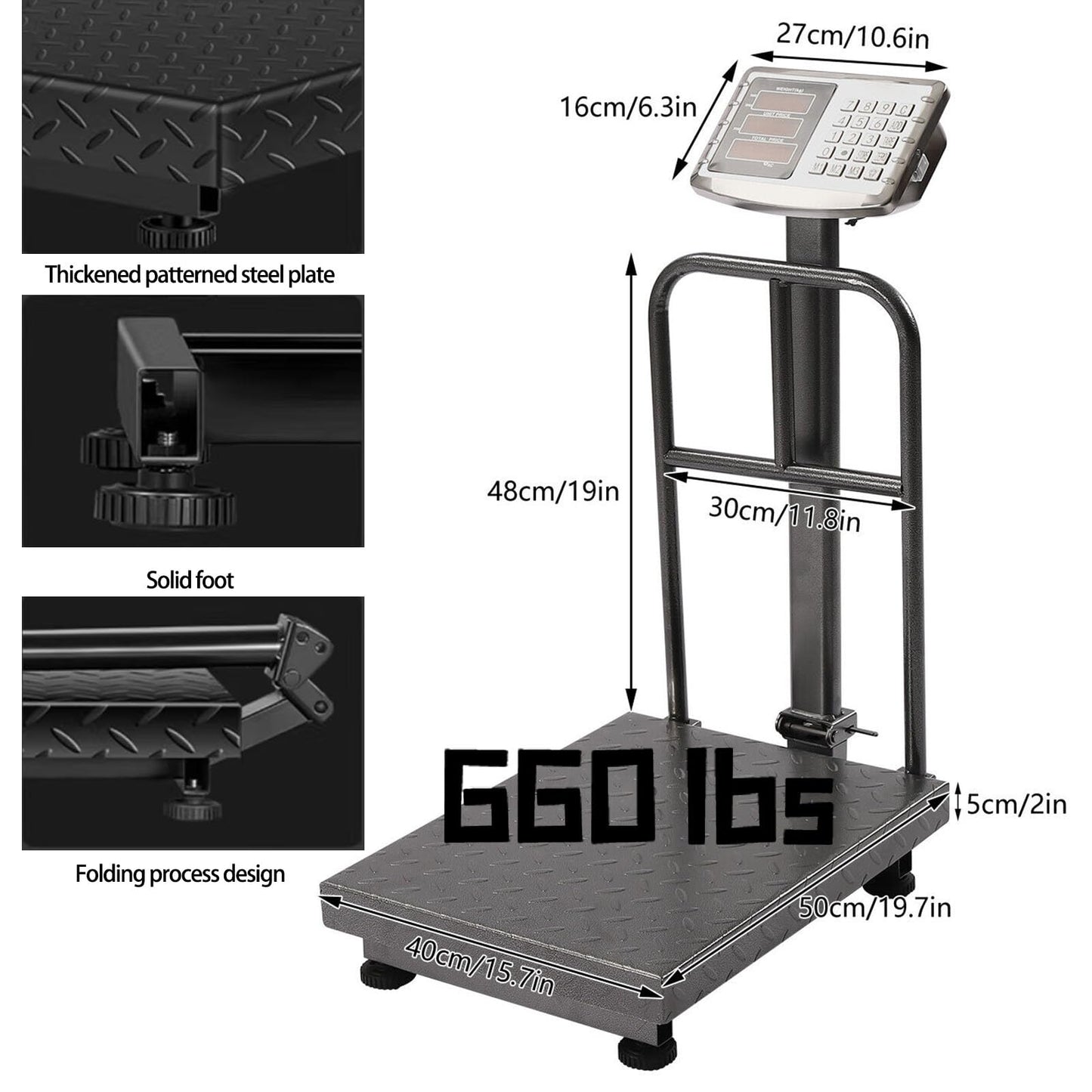 CXWAWSZ 660lb Industrial Platform Scale with Removable Guardrail Digital Scale with Accurate LB/KG High-Definition Displa Foldable for Weighing Luggage Package Shipping Double Sided Display