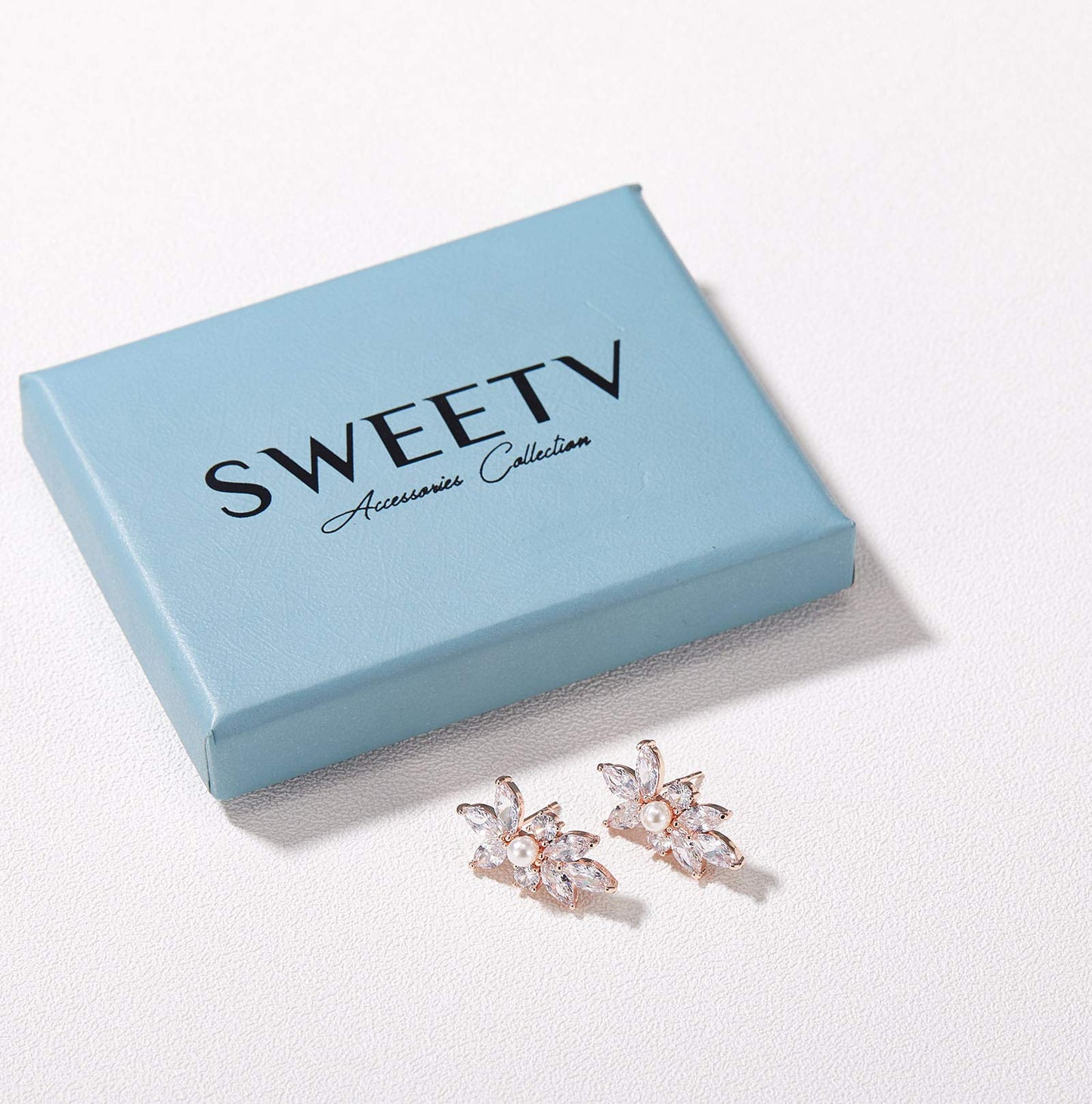 SWEETV Marquise Cubic Zirconia Wedding Bridal Stud Earrings for Brides Bridesmaids, Rose Gold Plated Crystal Pearl Rhinestone Stud Earrings for Women Prom Party Jewelry Gifts