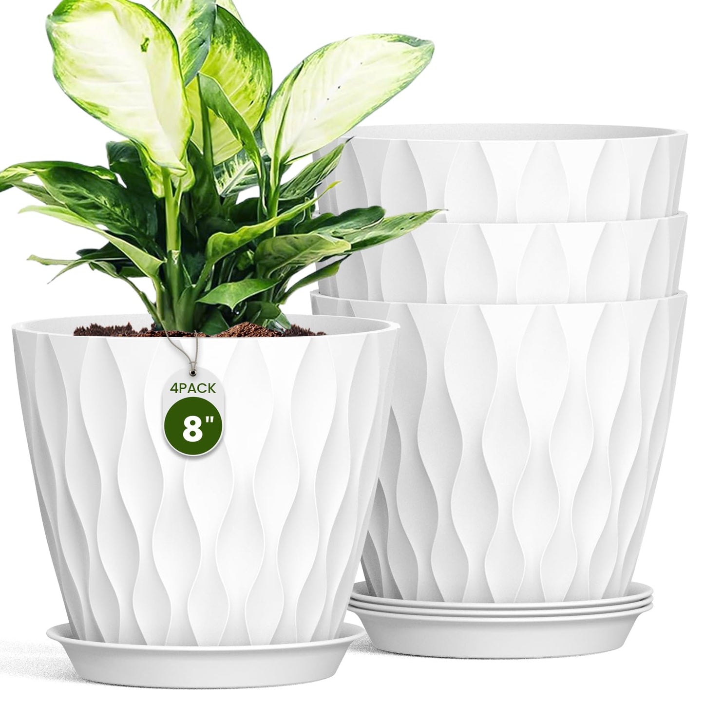 Areutxbis 8 Inch Wave Plant Pots with Drainage Holes & Saucers, 4 Pack Modern Textured Medium Planters for Indoor Outdoor Plants, Decorative Flower Pots Repotting Set for Flowers, Herbs (White)