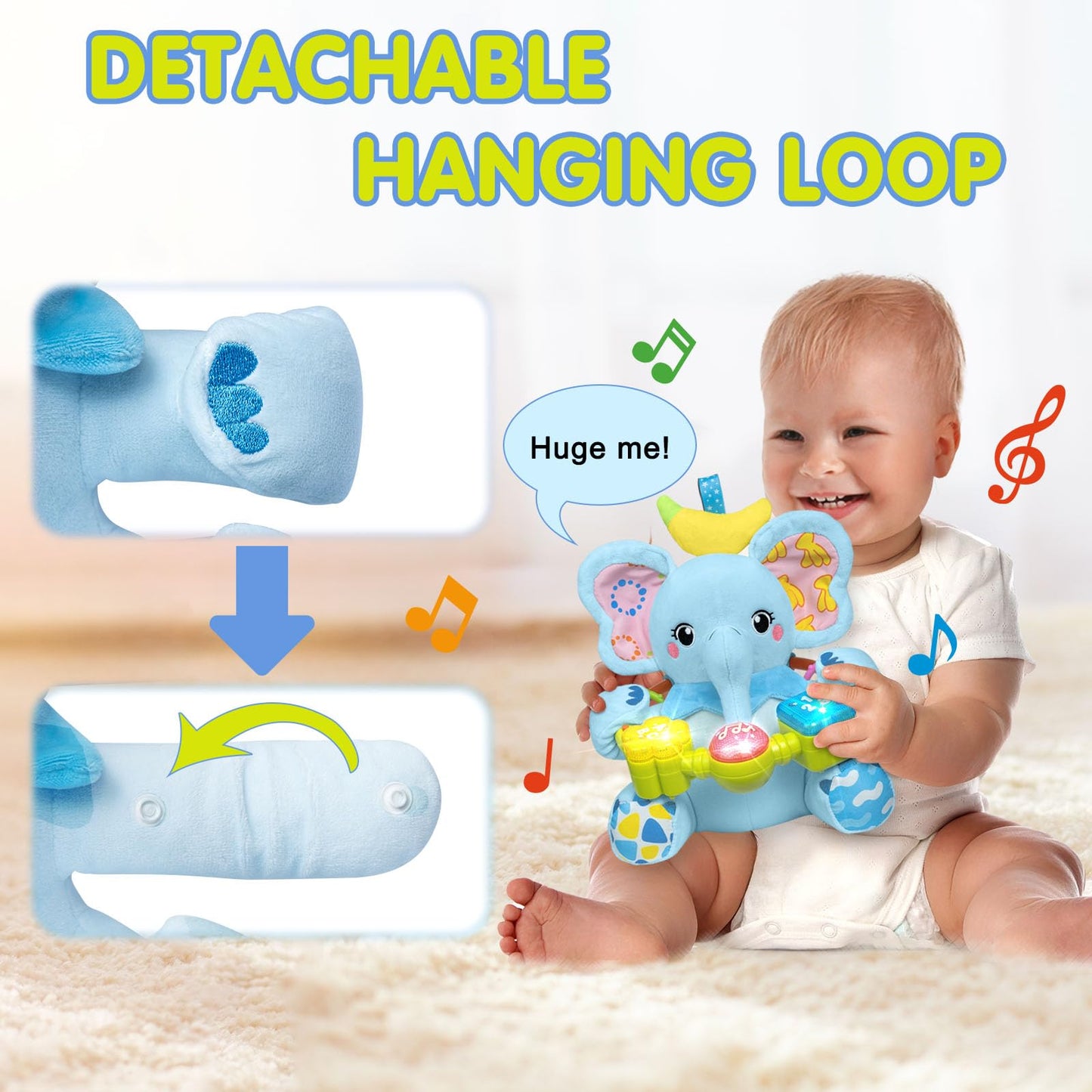 Ryotagift Baby Bilingual Musical Elephant Stuffed Animals Toys,Infant Early Learning Toy with Light-Up Music & Crinkle,Tummy Time Toys for 0 3 6 9 12+ Months for Baby Boy Girl Gift,Blue