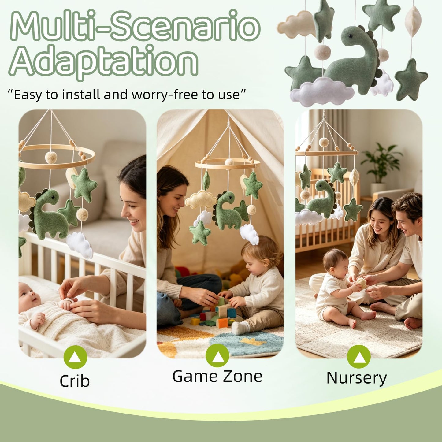 Soft Green Dinosaur Theme Baby Mobile for Crib, Simple Crib Bell for Boys and Girls,Handmade Felt Clouds Nursery Ceiling Decoration,Easy to Install Cotton Animal Charms for Bassinet