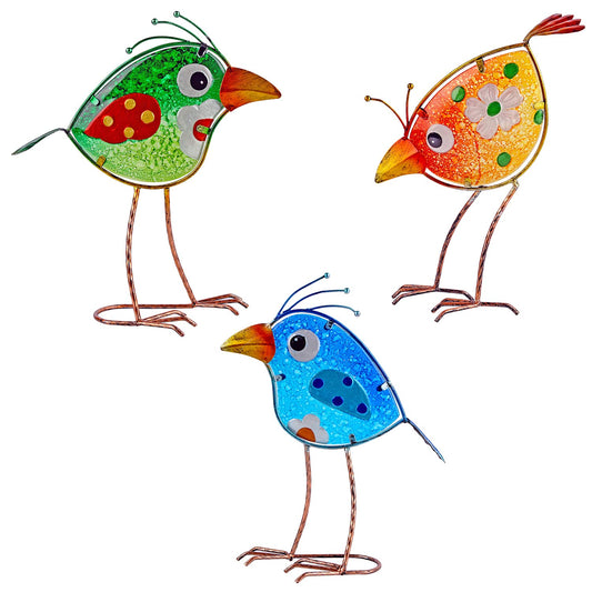 John's Studio Garden Decor for Outside - Outdoor Statue Decorations Metal Bird Glass Yard Art Décor, Lawn Ornaments for Patio Yard Porch, Housewarming Gift - 3 PCS
