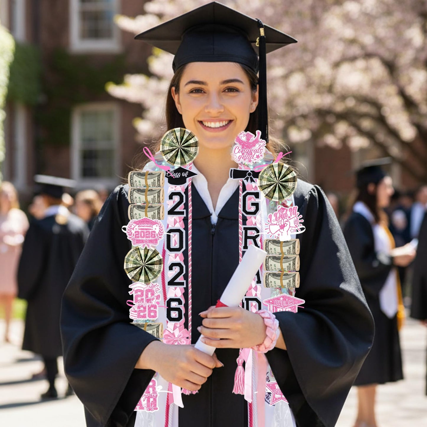 Hamdwerk Candy Leis for Graduation 2026, 36Pcs Graduation Leis Class of 2026, Graduate Ribbon Lei Making Kits with Honor Cord Patches Cards, Pink White Double Lei Necklace Decorations Graduation Gift