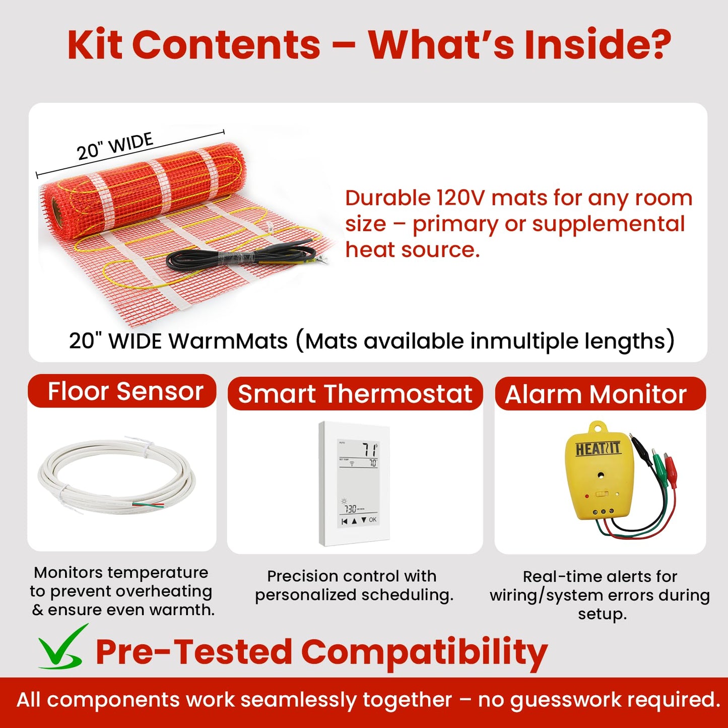 100 sqft HEATIT Warmmat Electric Radiant Self-adhesive Floor Heat Heating System & ET-72 Thermostat & Alarm Monitor