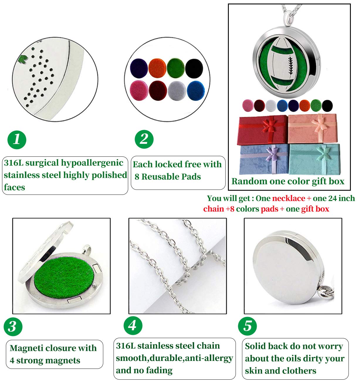 Popeoiuh Essential Oil Diffuser Necklace, Hypoallergenic Stainless Steel Aromatherapy American Football Locket Pendant Jewelry Sets Birthday Christmas Mother's Day Gift for Women Men Teen