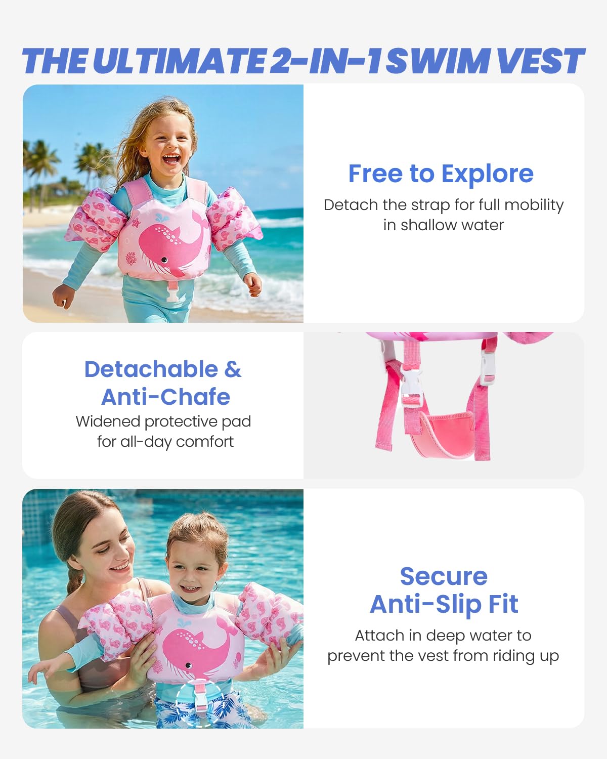 Gogokids 2-in-1 Toddler Swim Vest Pool Floaties for Kids[CPC Certified & Remove Crotch Strap]Puddle Float Jumper 24-66 Pounds, Toddler Arm Floaties Swim Jacket Water Wings for kids Boys Girls Swimmies