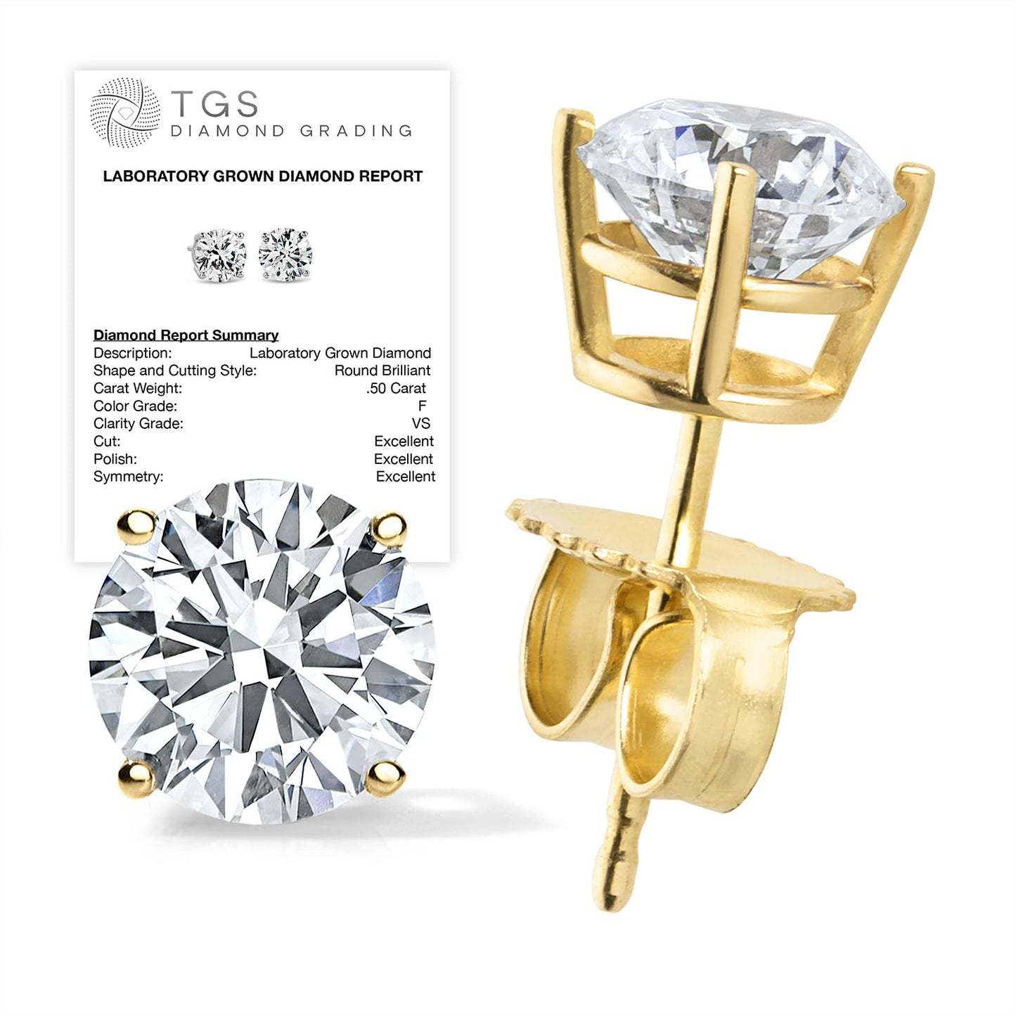 Certified 4.0 Carat Lab Grown Diamond Earrings in 14K Yellow Gold, F/VS Quality, Premium Collection of Diamond Stud Earrings for Women and Men, Quality Studs Made in USA