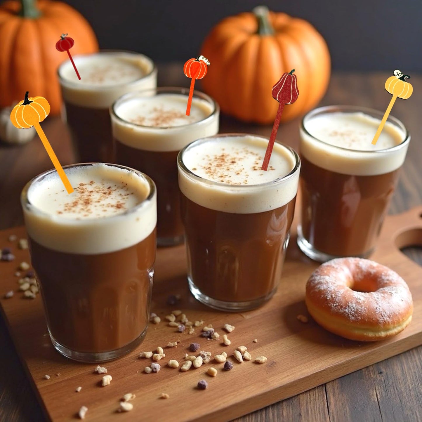 50 Pcs Pumpkin Drink Stirrers Bulk, 5.91 Inch Wooden Halloween Cocktail Picks with 5 Unique Autumn Orange Designs, Fall Party Supplies for Coffee, Beverages, Halloween Decor