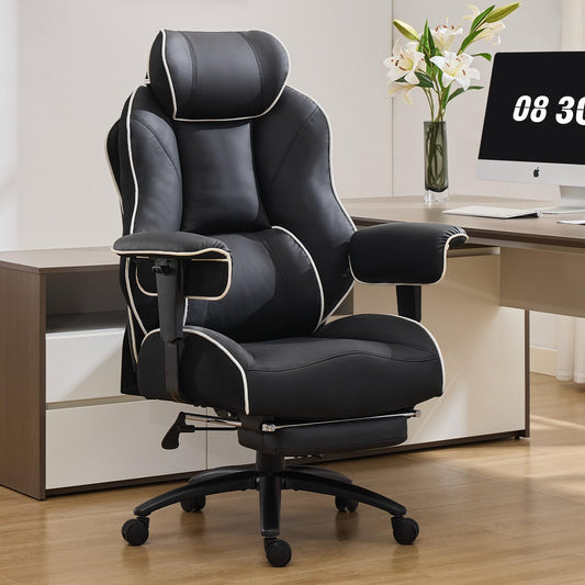 DJ·Wang Big and Tall Office Chair with Foot Rest, High Back Executive Office Chair PU Leather, Ergonomic Chairs with Lumbar Support, 135° Reclining Chairs with Thickened Spring Cushion Black