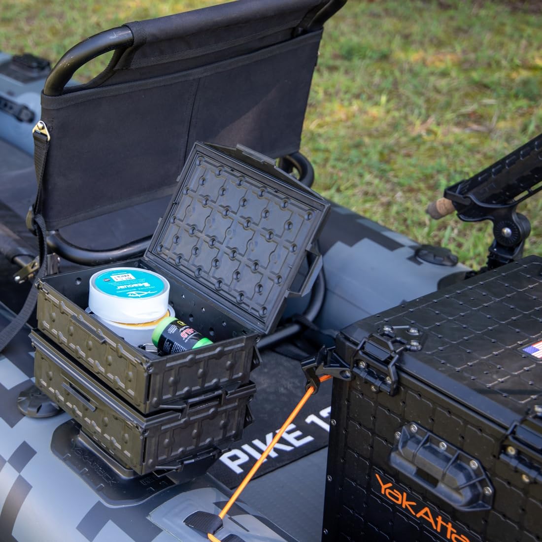 YakAttack TracPak Black Combo Kit – 2 Stackable Kayak Storage Boxes with Quick Release Track Mount Base | Kayak Crate System for Fishing Gear & Tackle Accessories | Compact Kayaking Storage Box