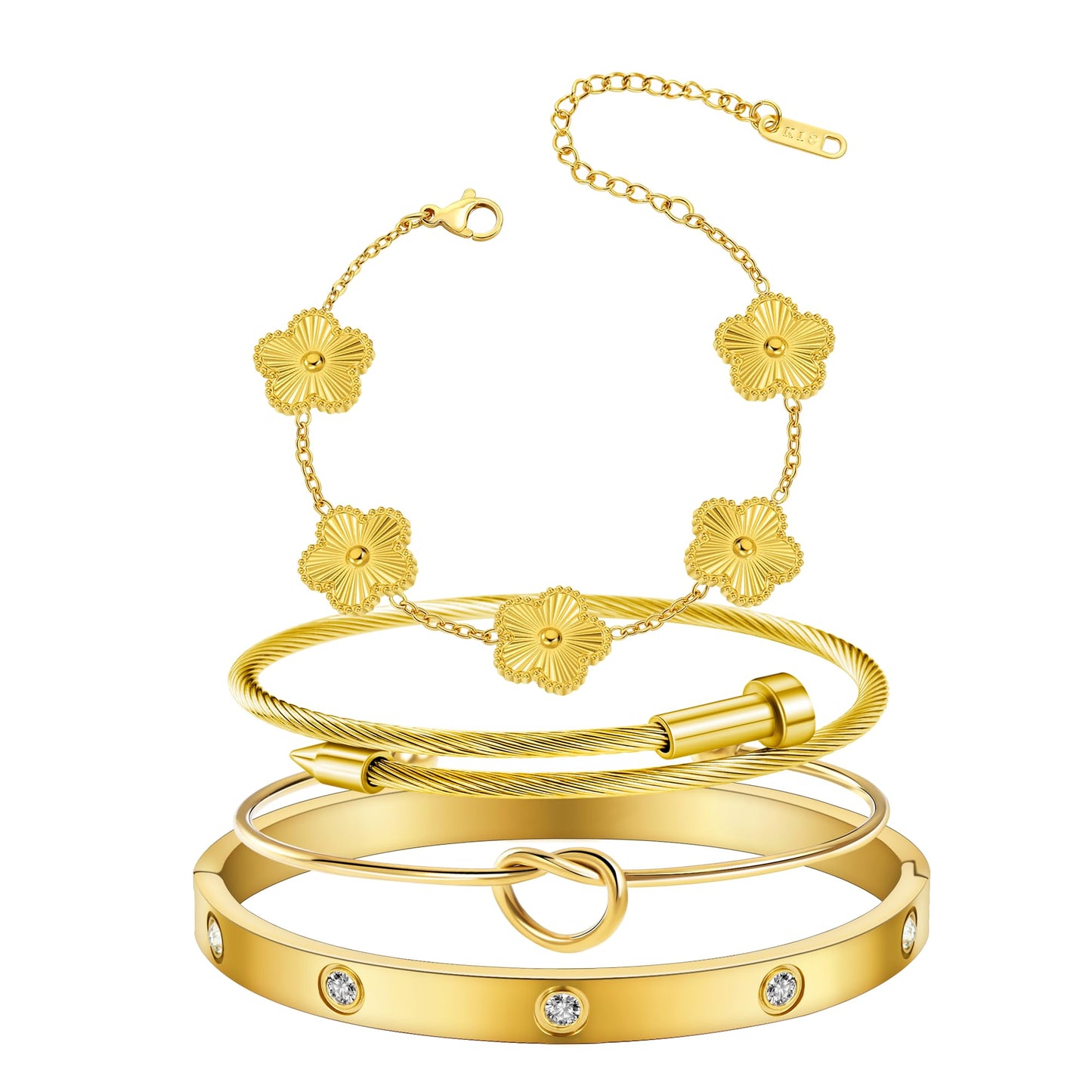 MAOCEN Womens 4Pcs Stackable Floral Gold Bracelets Stainless Steel Bangle Bracelets Non Tarnish Silver Set Trendy Jewelry Gifts for Womens (Gold Gold, 7")