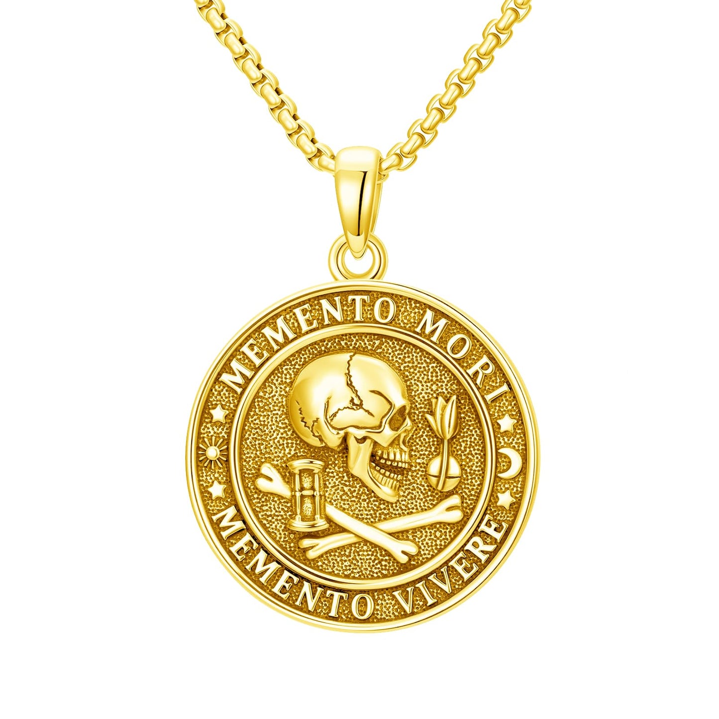 POIUY Memento Mori Necklace for Men Gothic Gold Skull Pendant Stoicism Mori Jewelry Tree of Life Amulet Protection Gifts for Men Women 22+2 Inch Chain