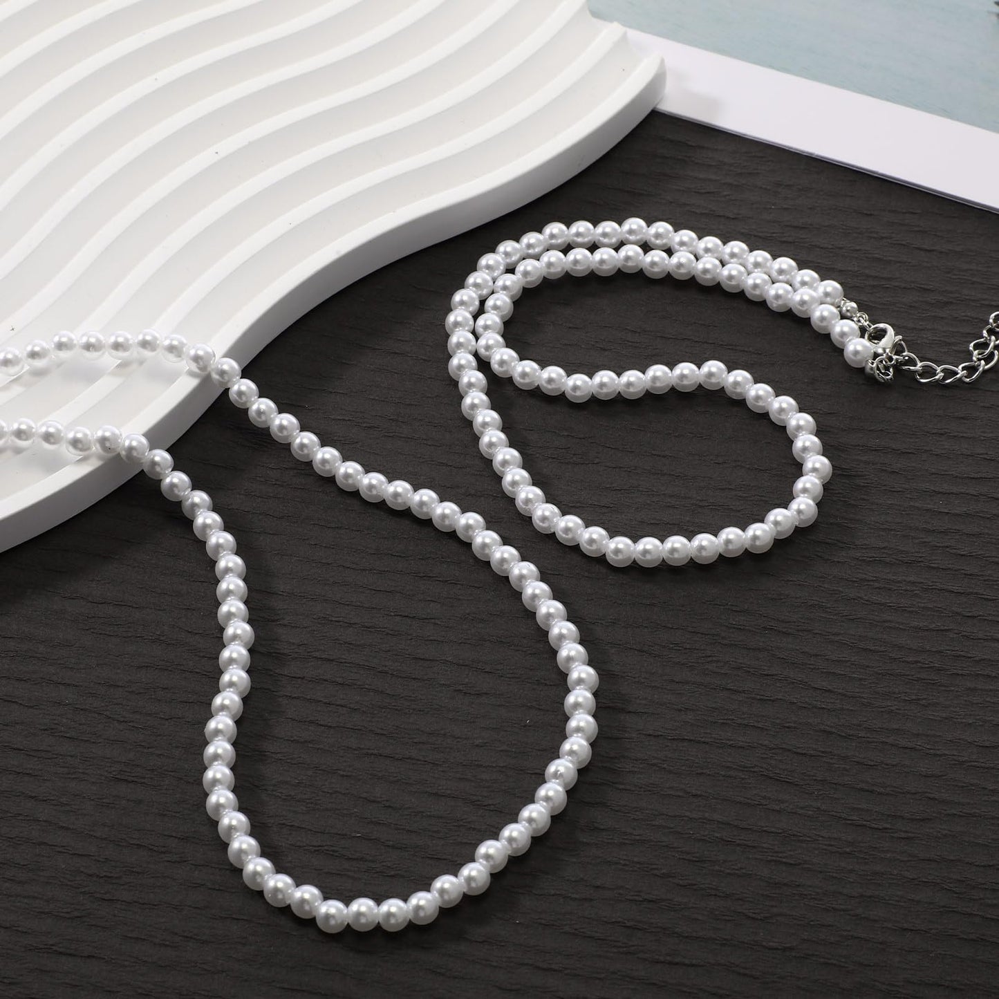 Aurelema 2 Pack Long Pearl Necklace for Women 1920s Costume Party Jewelry Faux Pearls Strand Beads for Ladies(14 Inches,6 mm,Collar,Cream White)