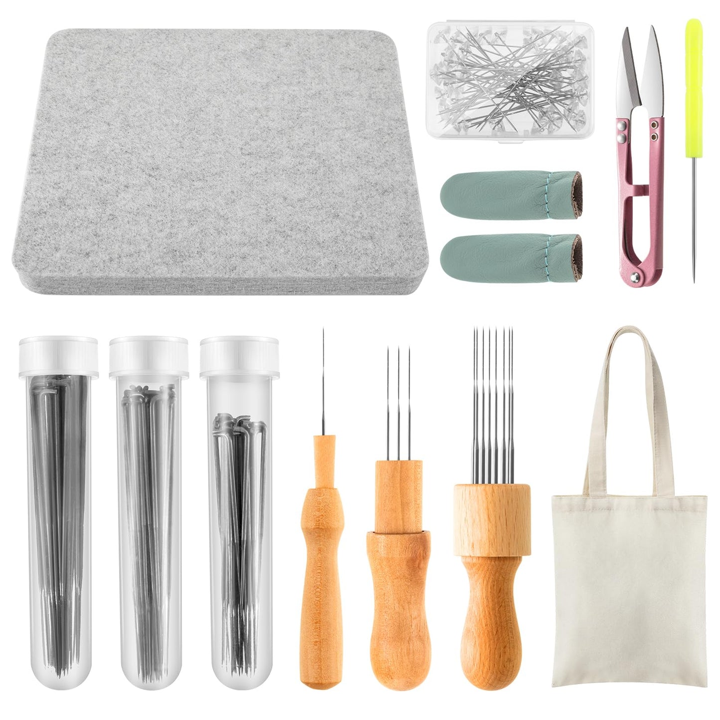Irenare 148 Pcs Needle Felting Kit 8 x 10 Inch Felting Pad Mat with Needles Finger Guards Wooden Handle Scissor Bag for Beginner Professional DIY