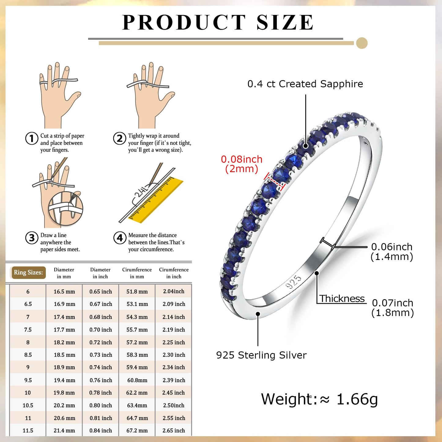 AGRULE 0.4 Cttw Sapphire Rings for Women Men Classic Silver Wedding Band with Gemstone Sterling Silver Half Eternity Band Rings Blue Stone Saphire Ring, Size 10