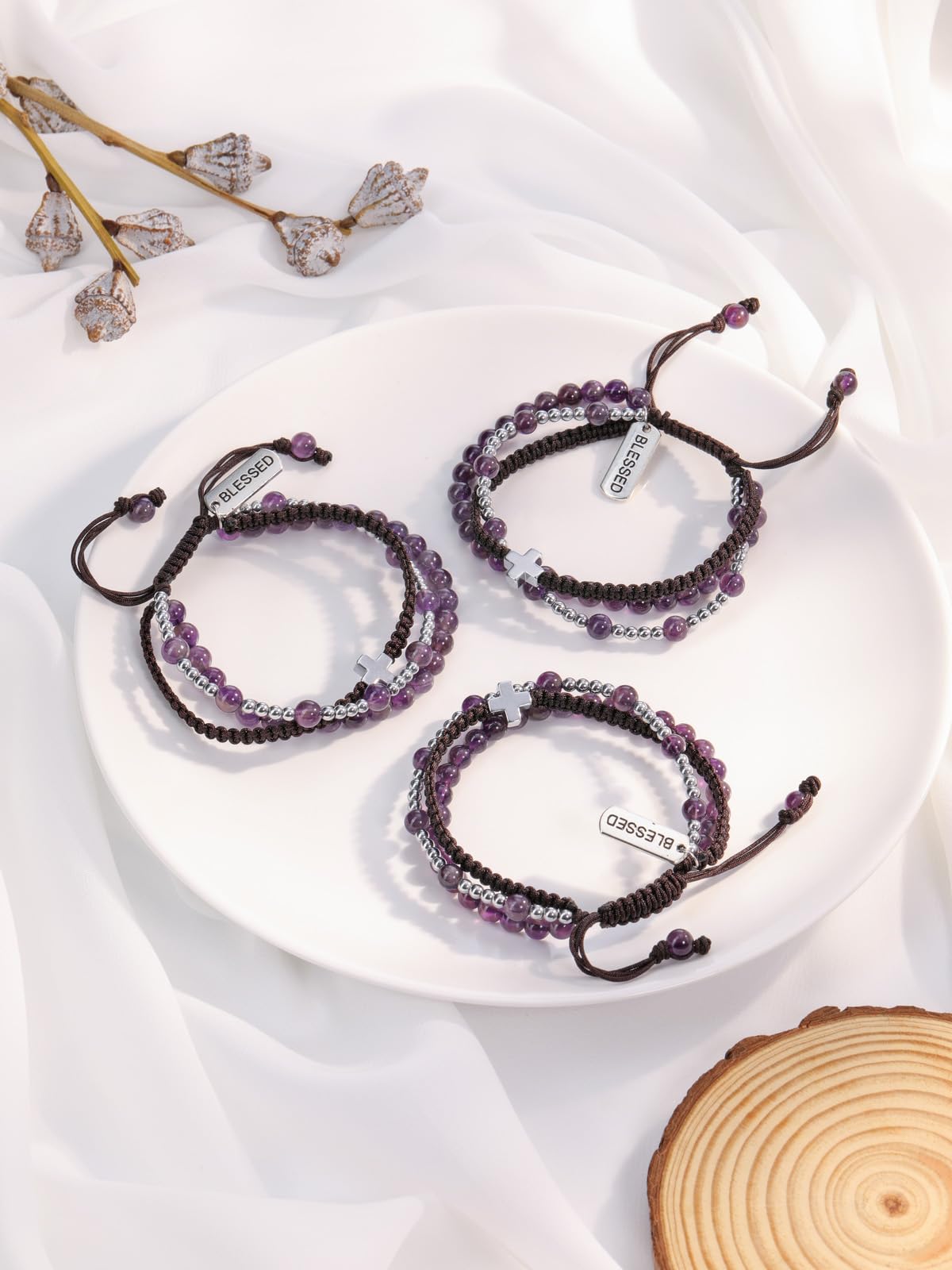 Top Plaza Healing Amethyst Crystal Bracelets for Women Men Cross Bracelet 3 in 1 Handmade Natural Gemstone Beads Bracelet Blessed Bracelets Braided Protection Jewelry Gifts