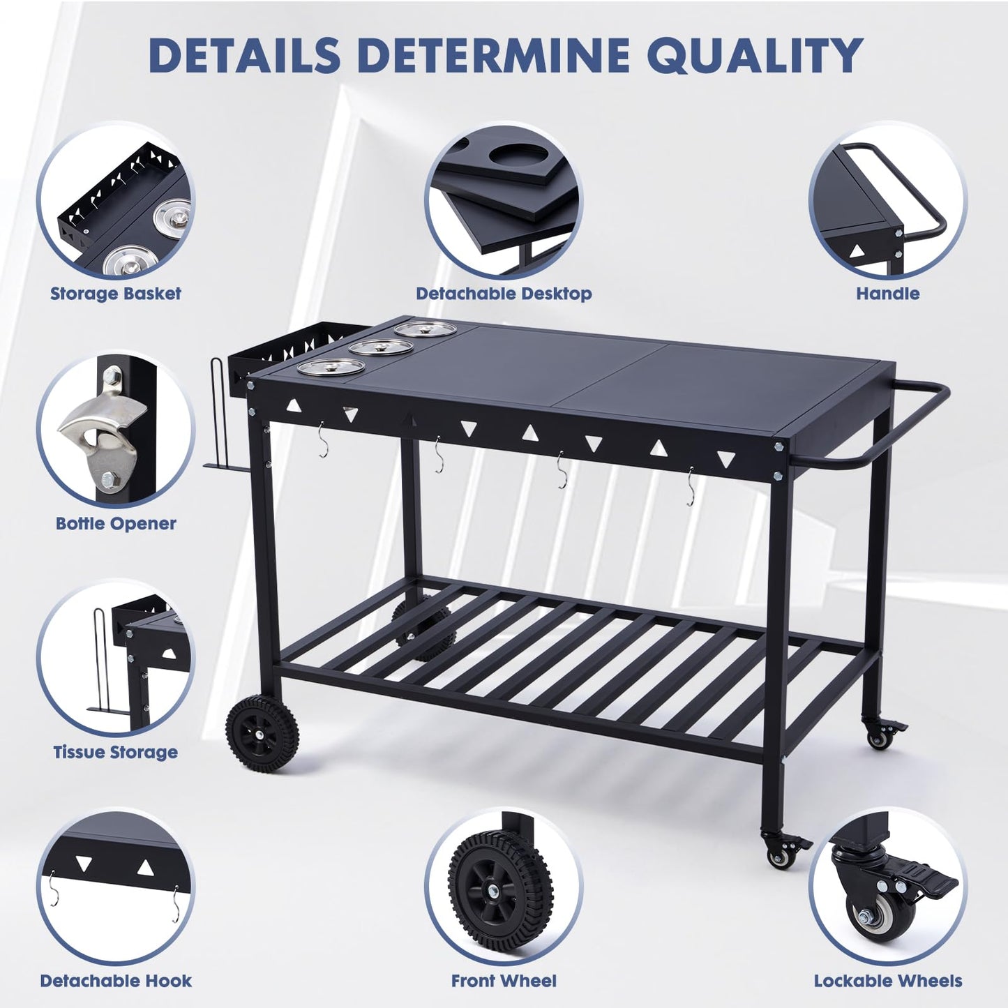 GVGBUK Portable Outdoor Grill Table with Wheels, Heavy-Duty Griddle Stand Grill Cart with Shelves,Towel Holder, Spice Pots & Bottle Opener, Multi-Functional BBQ Prep Station & Utility Cart
