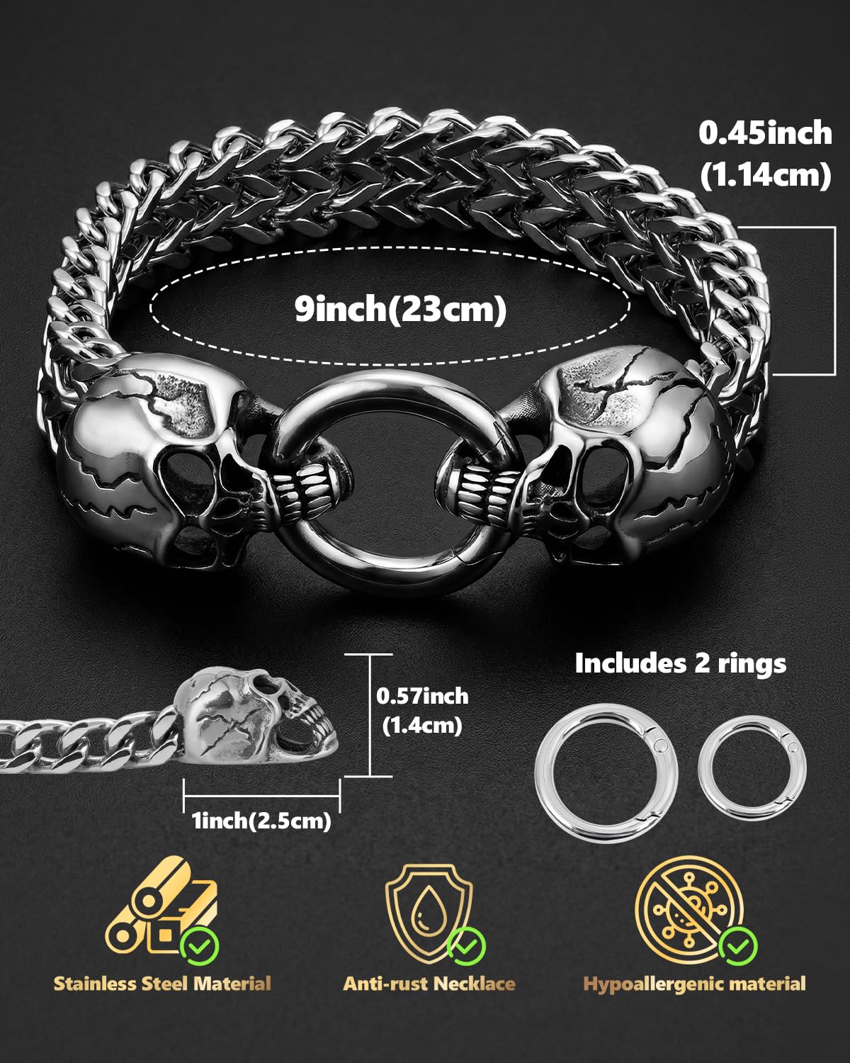 LuxGoth Stainless Steel Skull Heavy Cuban Link Chain Bracelet Gothic Punk Rock Biker Vintage Viking Skull Head Franco Link Curb Bracelet Jewelry for Men Silver GTS-B1B45001
