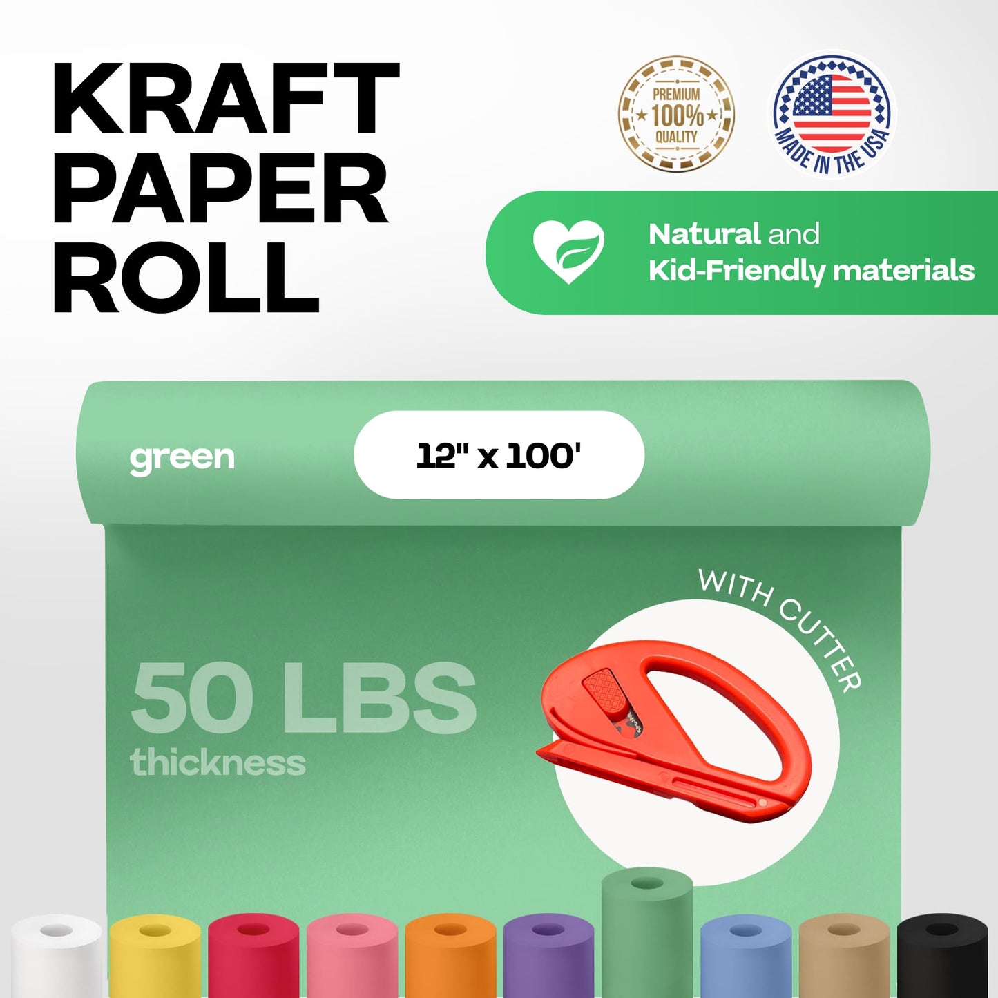 Christmas Green Kraft Paper Roll 12" x 1200" (100 ft) with Cutter - USA-Made Wrapping Paper for Packing, Moving, Shipping & Crafts/Arts - 100% Recyclable Natural Craft Material by IDL Packaging