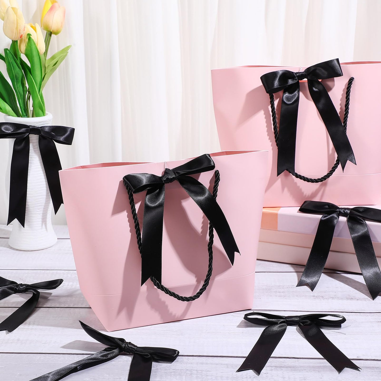 Riceshoot 50 Pcs Black Satin Ribbon Bows 5x7 Inch Large Twist Tie Bow for Gift Wrapping Champagne Bottle Balloon Treat Bag DIY Craft Decor Wedding Bridal Baby Shower Birthday Holiday Party