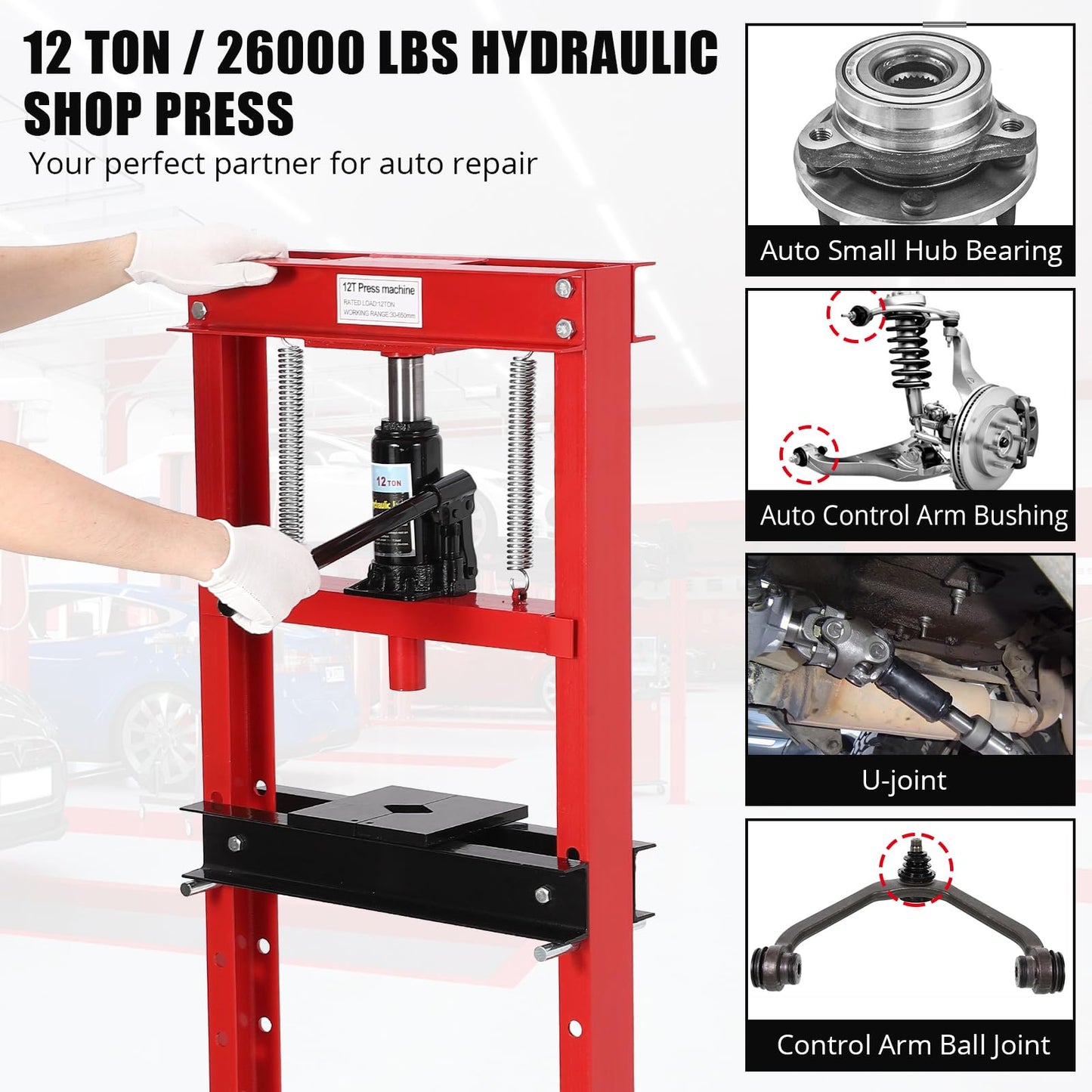 12 Ton Hydraulic Press, H-Frame Garage Floor Shop Press with Press Plates, Heavy-Duty Adjustable Hydraulic Shop Press, for Auto Bending Stamping, Red
