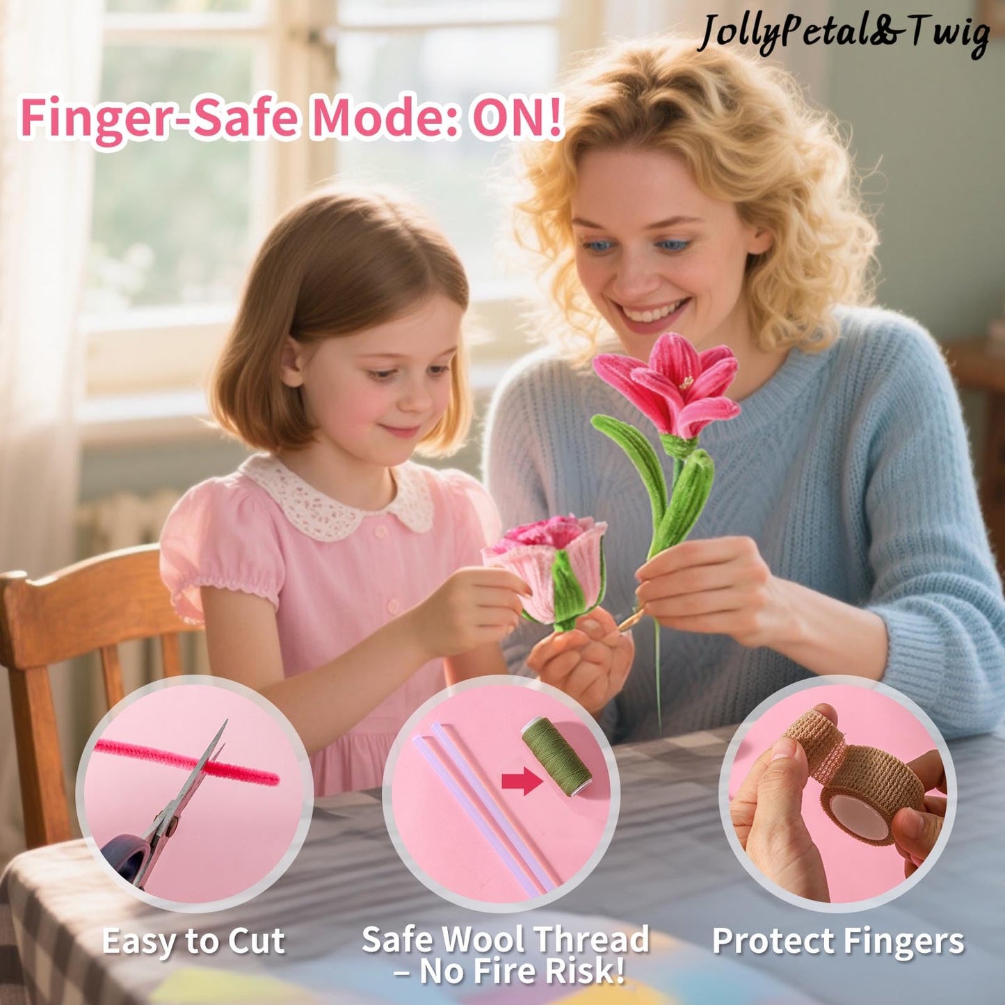 JollyPetal&Twig Pipe Cleaners Craft 5 Colors,Chenille Stems Plush Craft Kit,Pink Pipe Cleaners Flowers Kit with Floral Tape for Wedding Gifts Graduation Bouquet (Pink)