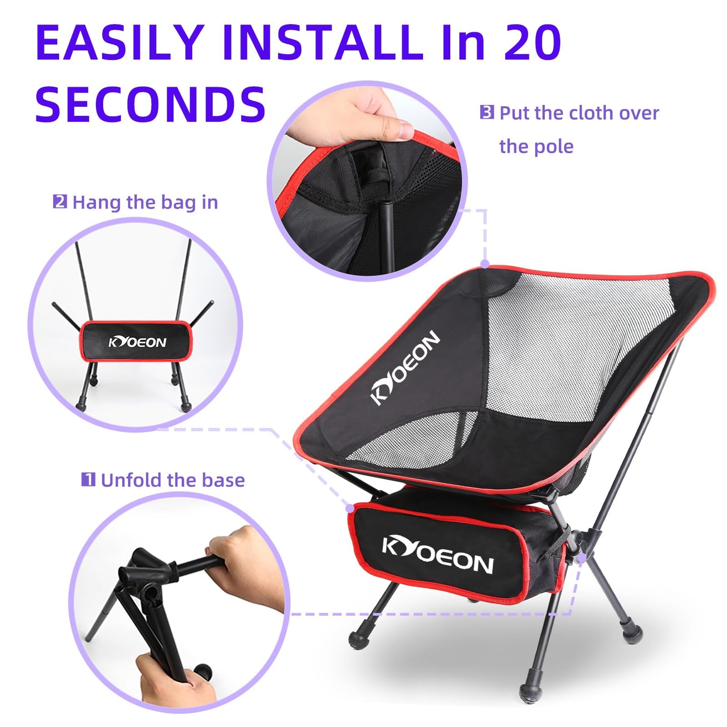 KYOEON Portable Camping Chair, Black 1Pack, Ultralight Durable Foldable Chair for Outdoor Camp, Travel, Beach, Picnic, Garden, Sport Sturdy Frame, Comfortable Collapsible Lawn Chair, Supports 330Lbs