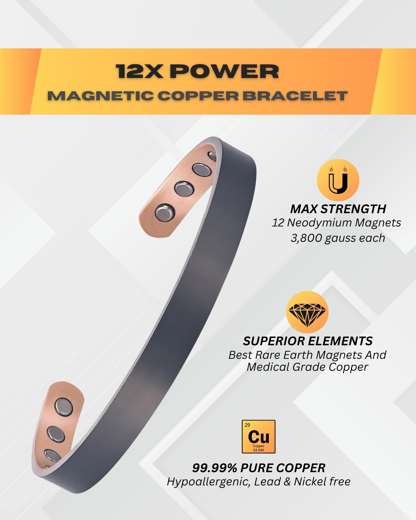 WestLuna Magnetic Copper Healing Bracelet for Men Women, 99.99% Pure Copper Bracelet with 12X Ultra Strength 3,800 Gauss Magnets for Lymph Drainage, Includes Gift Box, Jewelry Cloth, Blank Blessing Card