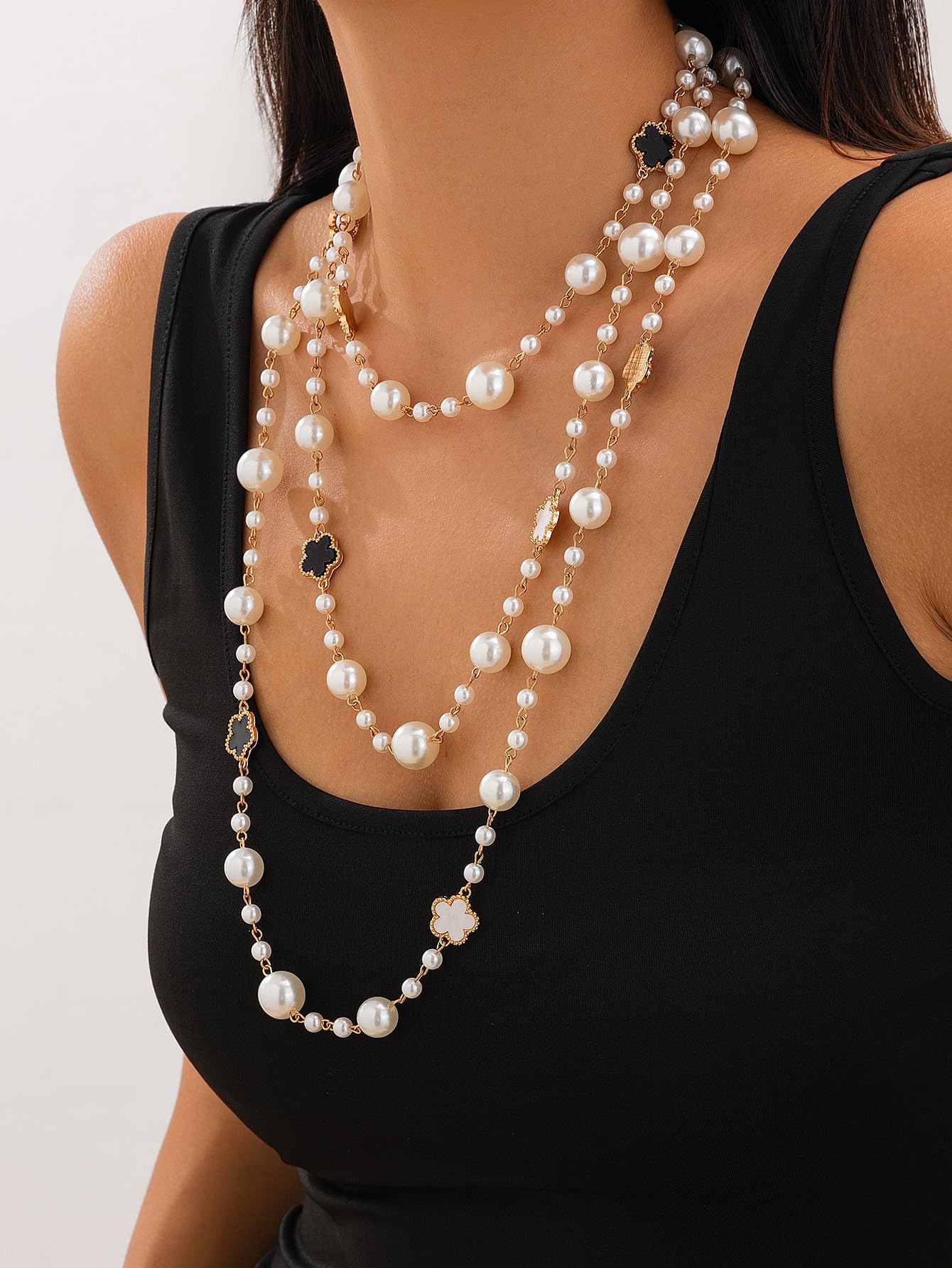 Long Pearl Necklaces for Women Pearl Long Chain Necklace Dainty Gold And Long Pearl Necklaces Layered Pearl Necklace Statement Sweater Strand Chain Jewelry (3Layer)