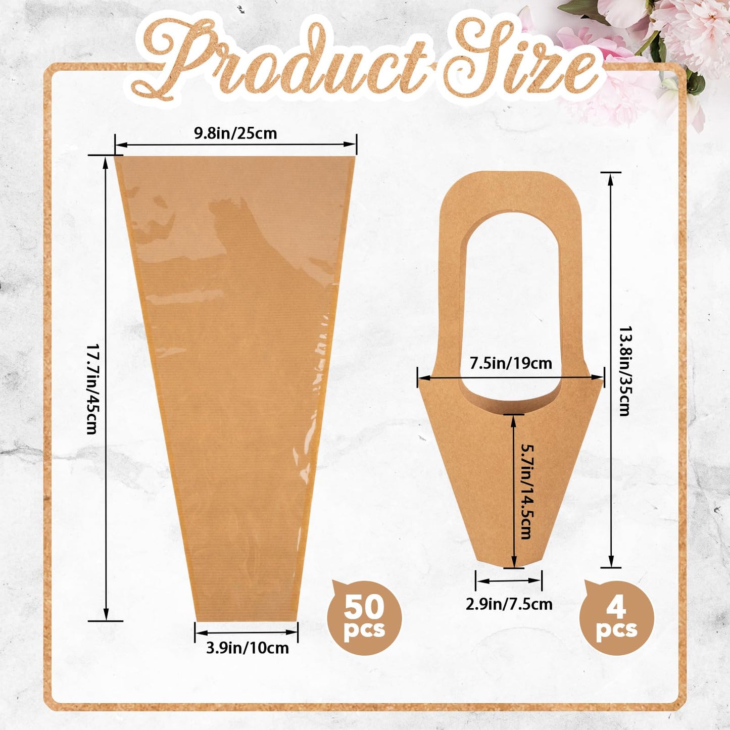 GCTWFYK 54 Pcs Flower Bags for Bouquets, Flower Wrapping Paper Bouquet, Clear Kraft Paper Floral Packing Sleeves for Bridal Shower Wedding Birthday Graduation Anniversary Supplies Mother's Day Gift