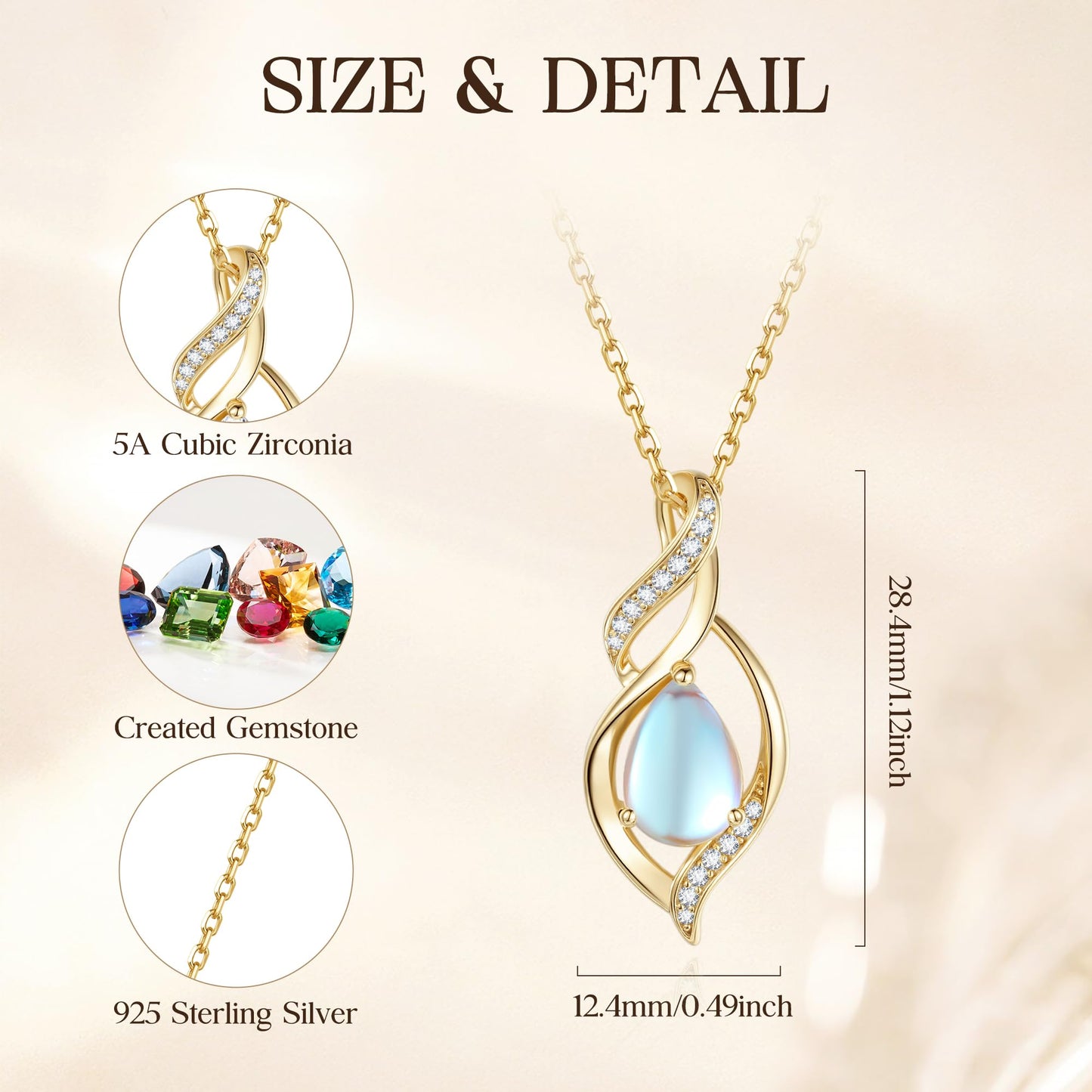 FANCIME 14K Gold Plated June Birthstone Necklace for Women Moonstone Teardrop Necklace Sterling Silver Infinity Love Birthday Gifts for Women, 16"+2" Inches