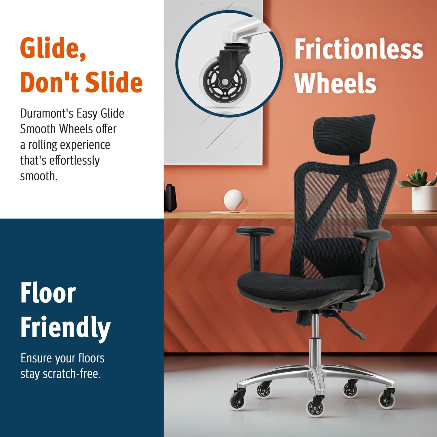 Ergonomic Office Chair - Adjustable Desk Chair with Lumbar Support and Rollerblade Wheels - High Back Chairs with Breathable Mesh - Thick Seat Cushion, Head, and Arm Rests - Reclines (Black)