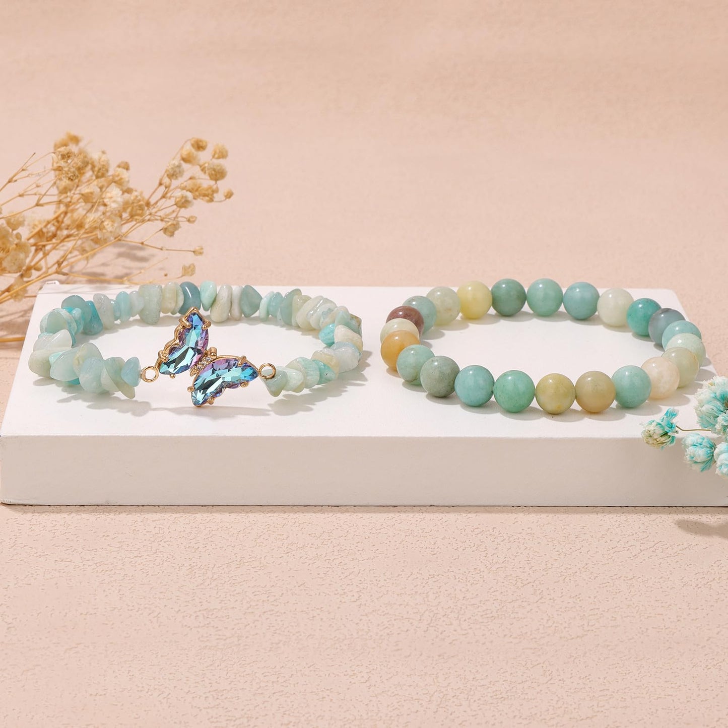 GolbalJew Amazonite Stone Bracelet for Women Healing Crystal Stone Bracelets Blue Gemstone Beads Stretch Bracelet Butterfly Charms Jewelry Women Gift