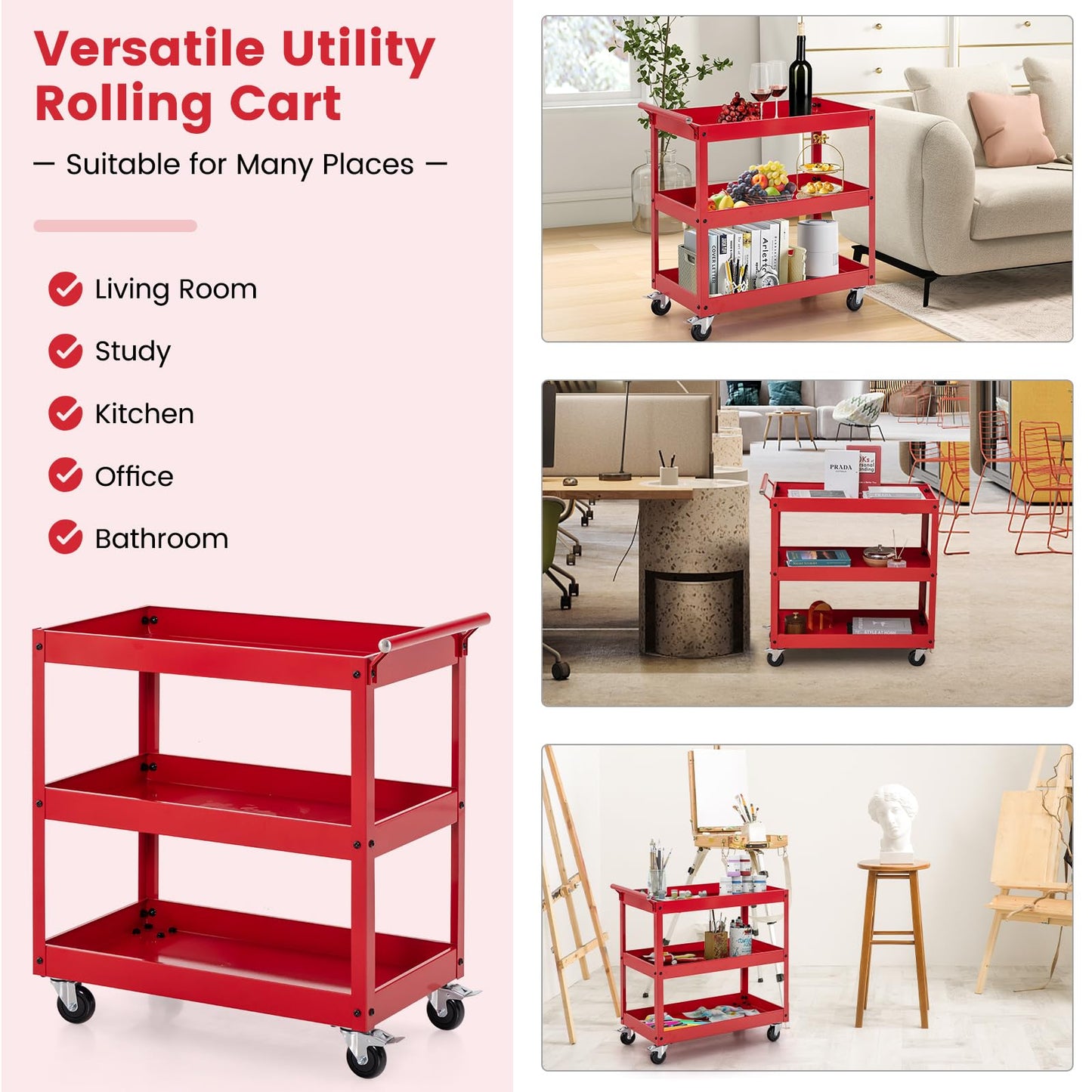 Goplus 3-Tier Utility Cart, Heavy Duty Commercial Service Tool Cart w/Lockable Wheels, 330lbs Load Capacity, Ergonomic Handle, Rolling Mechanic Tool Cart Storage Organizer for Warehouse Garage Red