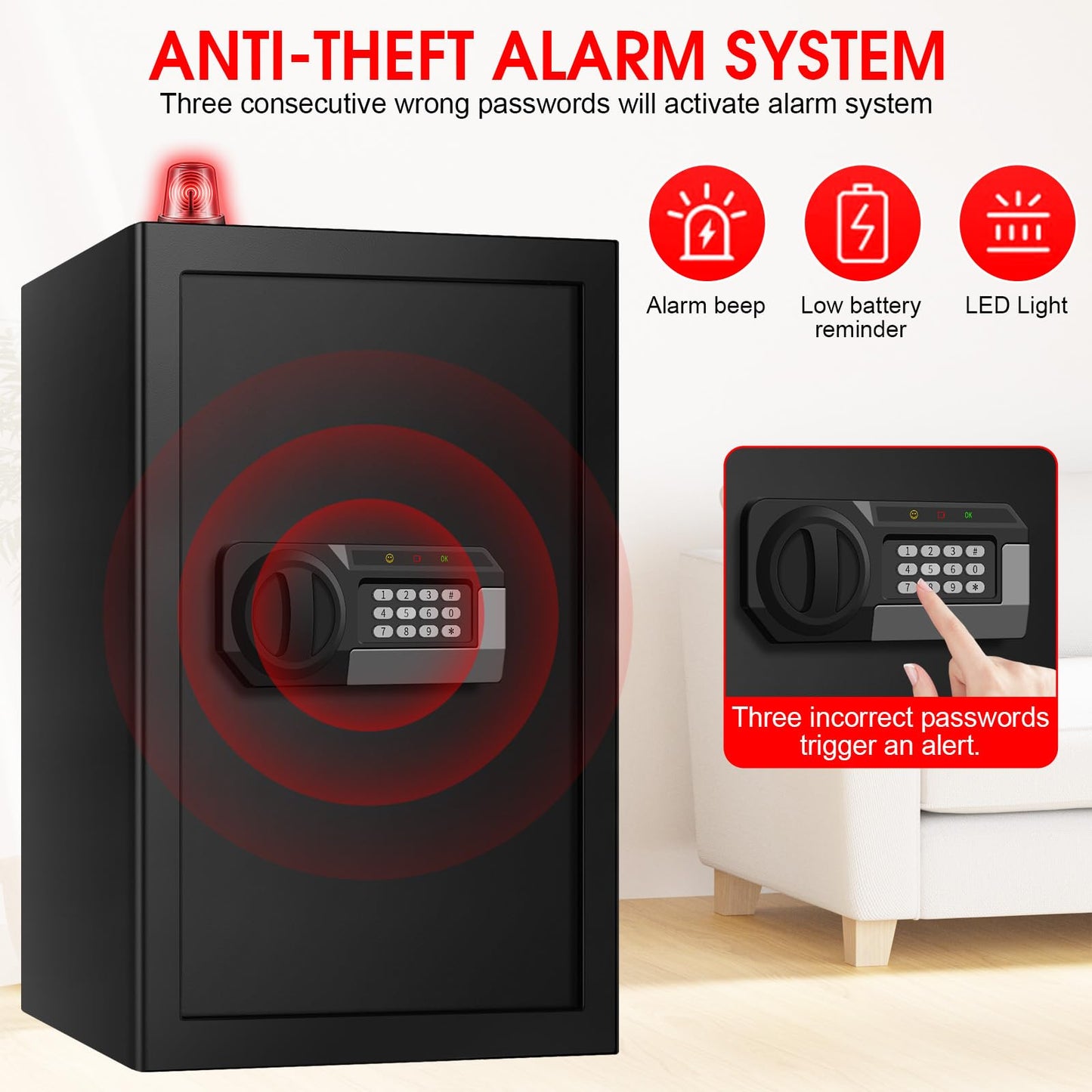 5.2 Cuft Large Home Safes Water and Fireproof, Fire Proof Safe for Home Use with Removable Shelves, Alarm System and Mute Function, Anti-Theft Safes for Home Use Fire and Water Proof for Document