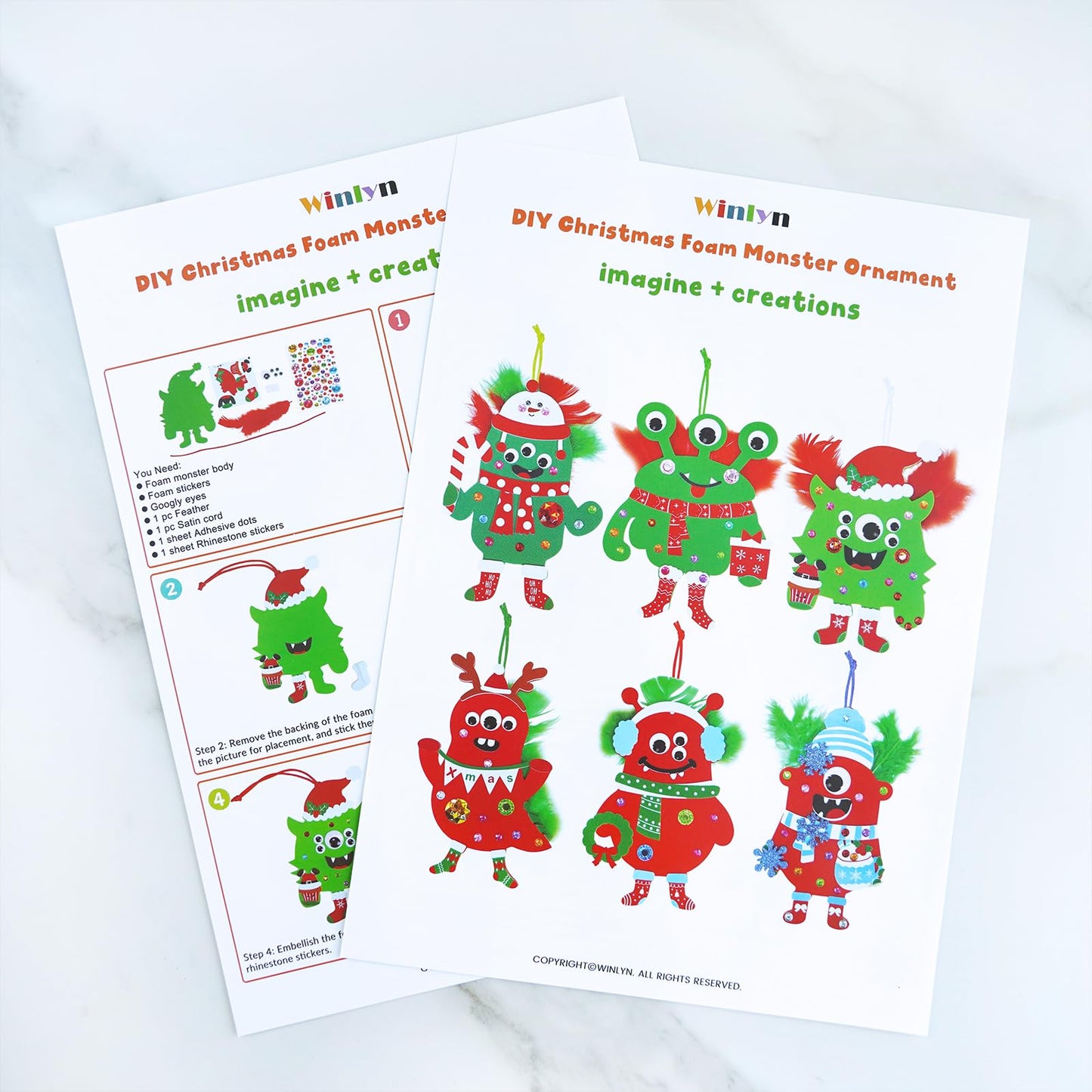 Winlyn 24 Sets Christmas Craft Kits Winter Crafts DIY Monster Ornaments Decorations Art Sets Foam Monster Christmas Stickers Googly Eyes Feathers for Kids Holiday Home Classroom Activities Party Favor
