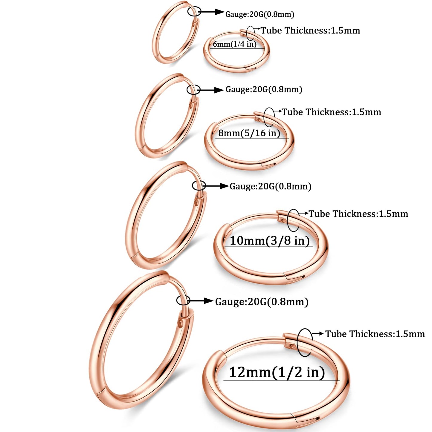 316L Surgical Stainless Steel Small Rose Gold Hoop Earrings 6mm 8mm 10mm 12mm Hypoallergenic Cartilage Hoop Earrings Helix Lobes Hinged Sleeper Earrings For Men Women