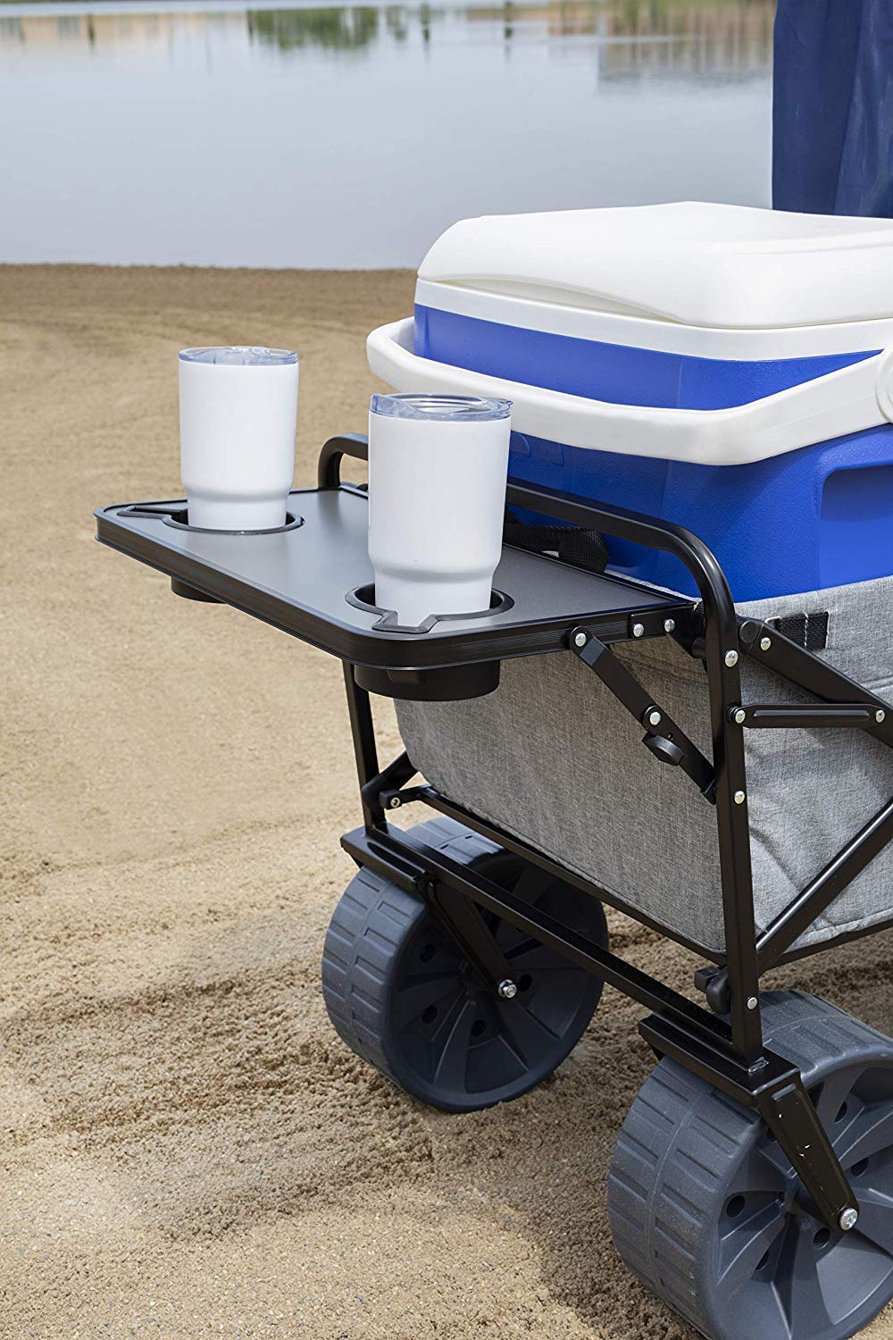 MacSports All Terrain Beach Wagon with Side Table|Heavy Duty Collapsible Folding Cart with Large Wheels for Beach Day, Picnic, Camping,Outdoor Activities | Light Gray