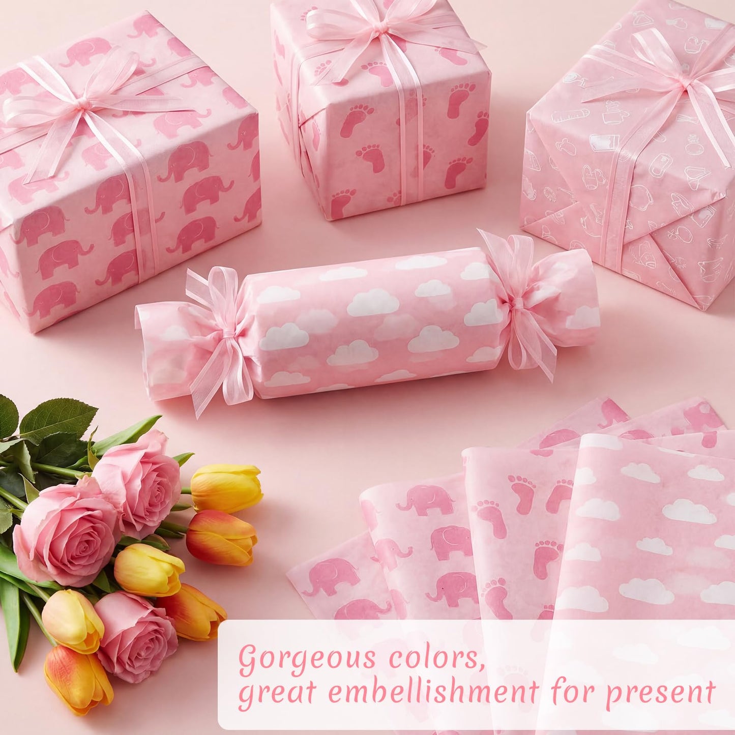 woric 120 Sheets Pink Tissue Paper Bulk Baby Shower Tissue Paper with Cute Design for Gift Bags DIY Crafts Baby Shower Girls Birthday, 14 x 20 Inch