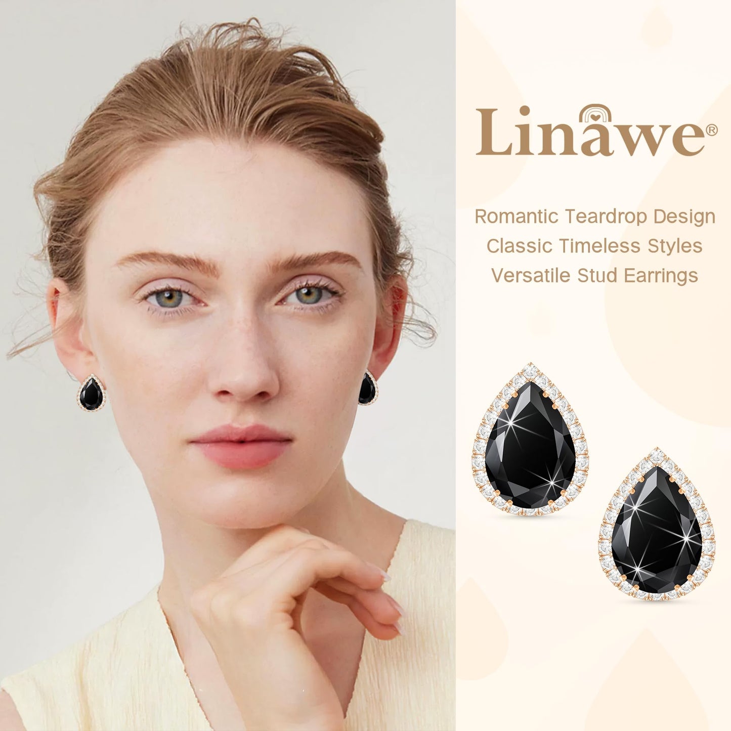 Linawe Black Stud Earrings for Women, Imitation Diamond Cubic Zirconia Teardrop Rhinestone Crystal Earrings Studs, Rose Gold Cartilage Piercing Statement Costume Jewelry Vintage