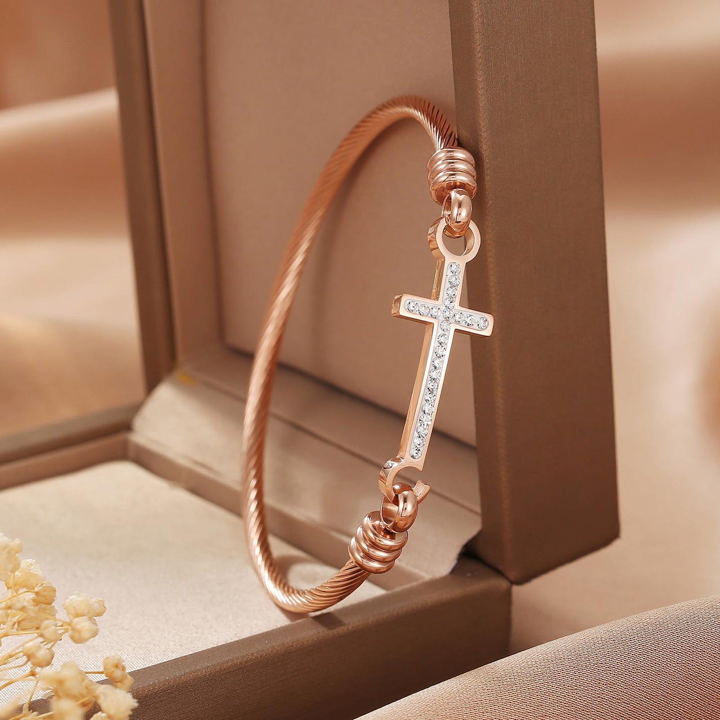 DS Religious Gift for Her Christian Cross Bracelet Bible Verse God is Within Her She Will Not Fall Inspirational Bracelets For Women Stainless Steel Jewelry Gift To Daughter Best Friend (Cross bracelet-Rose Gold 2)