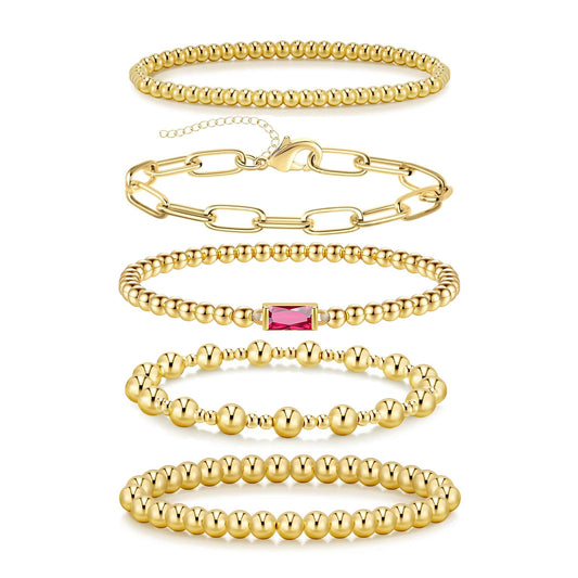 5 PCS Gold Bracelets for Women, Dainty Birthstone Bracelet 14K Gold Plated Stackable Paperclip Cuban Link Chain Bead Bracelets, Fashion Trendy Jewelry Sets Birthday Gifts