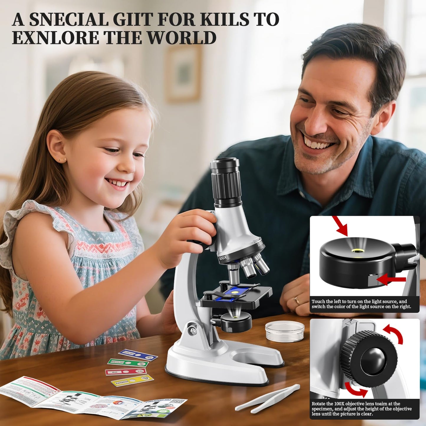 Novaluki 65 Pieces Microscope Kit for Kids Ages 5-7 8-13, 100X-1200X Magnification with 7 Colors of LED Lights and 12 Prepared Slides, Science Experiment STEM Kits for Boys and Girls Age 8-12 Years