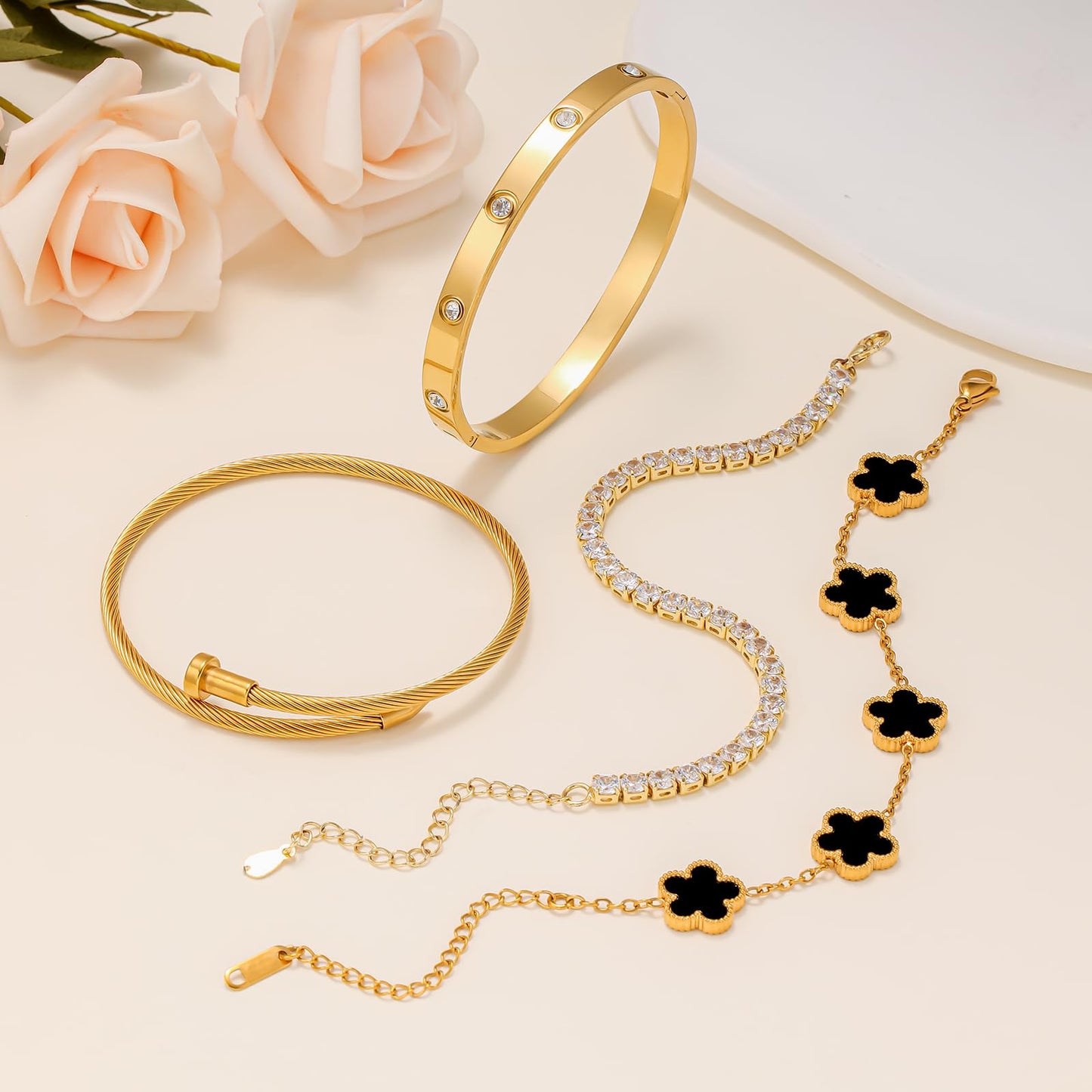 Gold Bracelets for Women, 18K Gold Plated Women Tennis Bracelets Clover Nail Love Bangle Bracelet Set, Gold Bracelet Stackable Set Trendy Jewelry, Gifts for Women's Day and Mother's Day (03-Color-black)