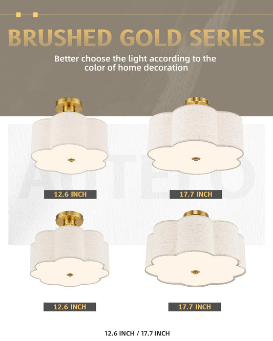 AUTELO 12.6 Inch Semi Flush Mount Ceiling Light,3-Light Brushed Gold Modern Ceiling Light with Flower-Shaped White Fabric, Kitchen Ceiling Light for Bedroom Hallway, C2507 BGS-8