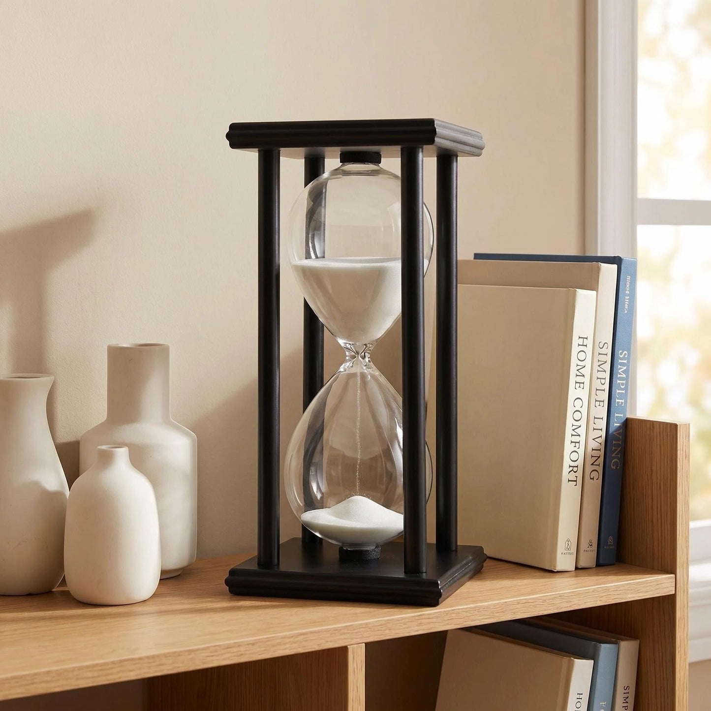 JIEHET Hourglass Sand Timer 15 Minutes, Hour Glass with Sand Decoration for Kids, Sand Clock Watch for Room Birthday Tea Coffee Table Book Shelf School Game Ornament Wooden (White Sand)