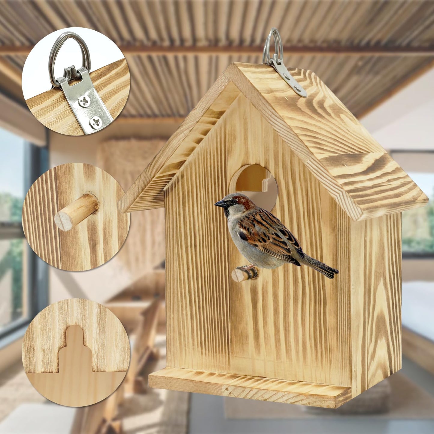 Window Bird Houses for Outside with 2 Powerful Hooks, Hanging Bird House for Viewing Inside, Wooden Hummingbird Houses to Paint for Outdoors, Bird Nesting Box for Bluebird Finch Chickadee
