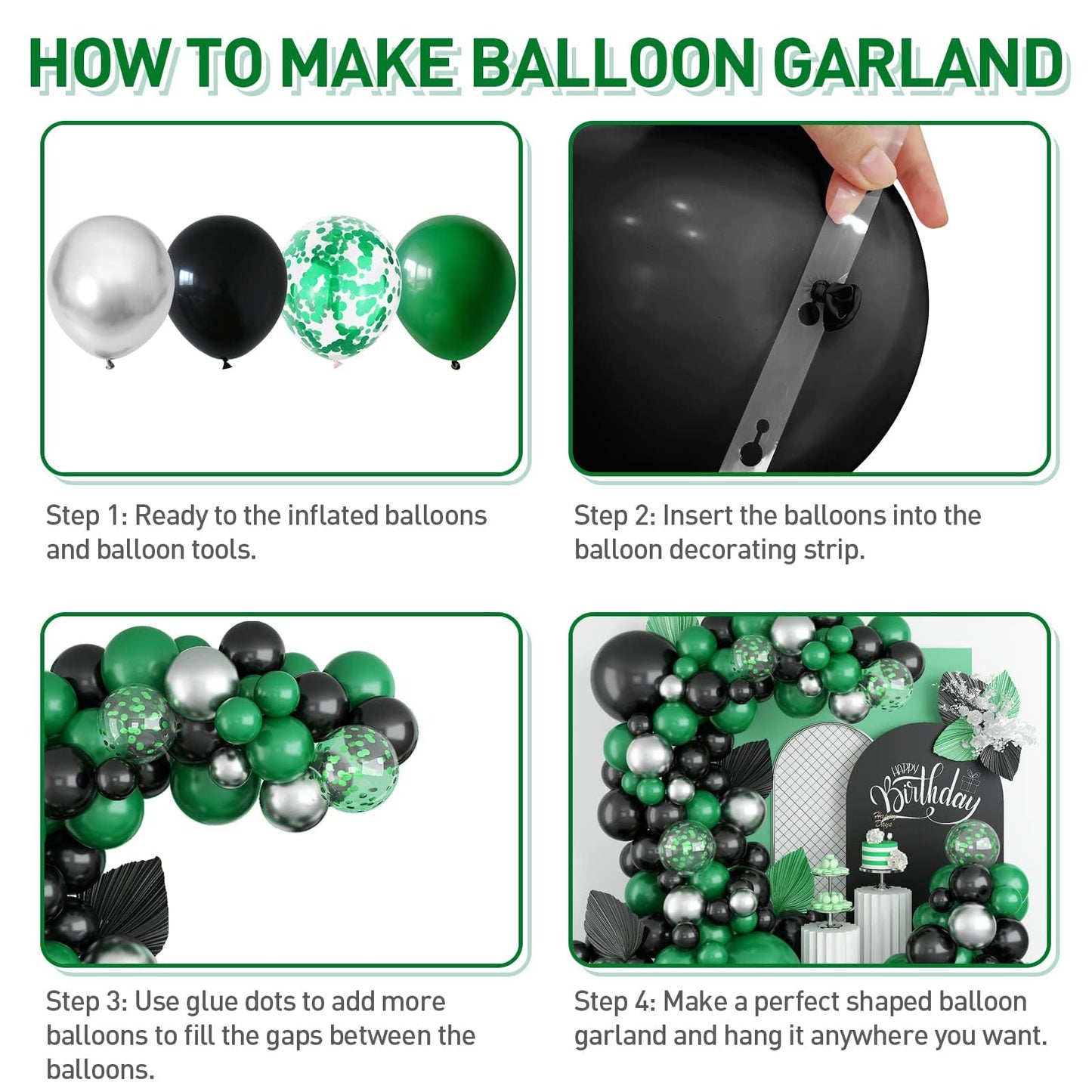 Black Green Balloon Garland,BTZO Balloons Arch Kit With Metallic Silver Confetti Balloon,Black and Green Balloons for Birthday Wedding Bridal Shower Graduations Party Decorations