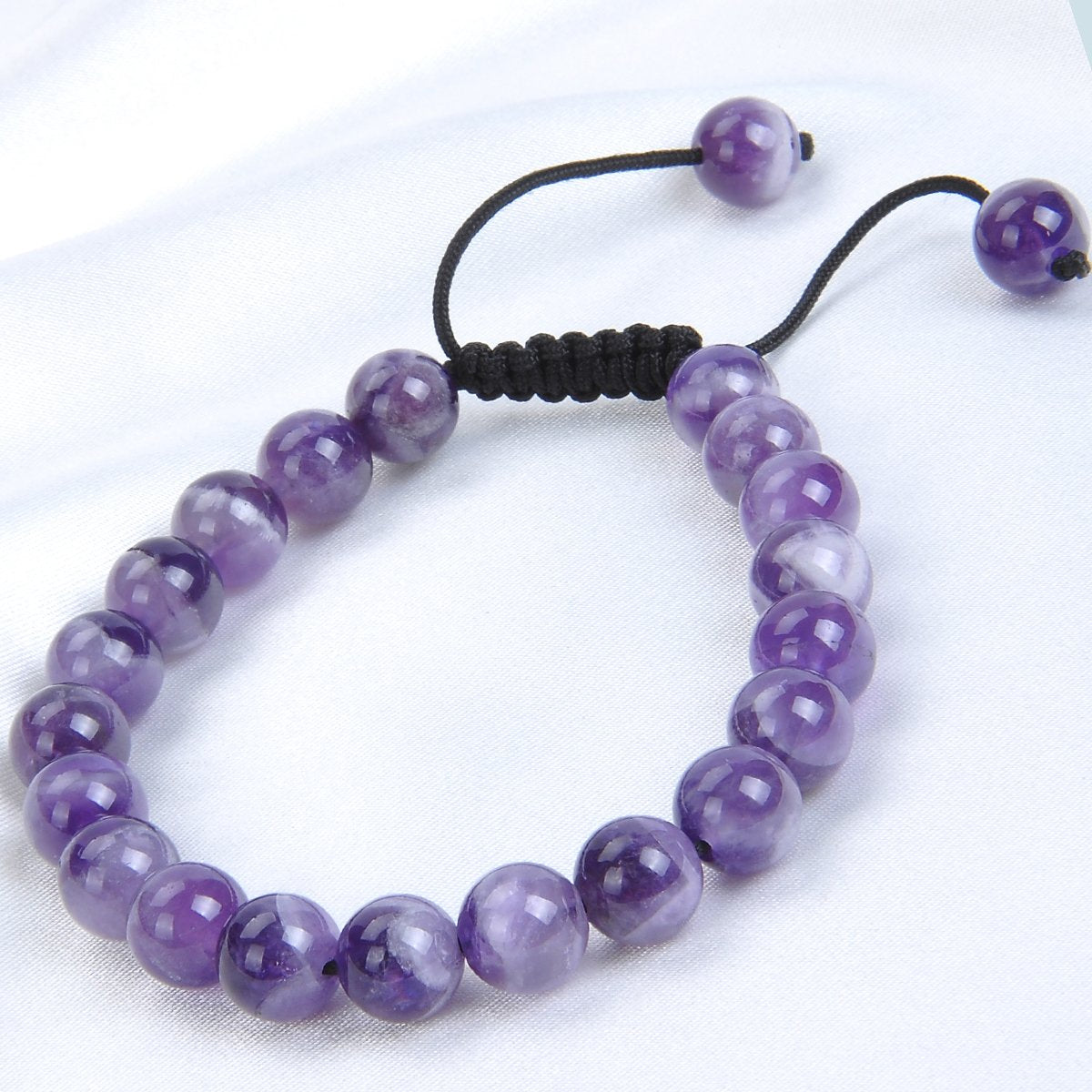 MASSIVE BEADS Natural Healing Power Gemstone Crystal Beads Unisex Adjustable Macrame Bracelets (Dream Amethyst, 8mm)